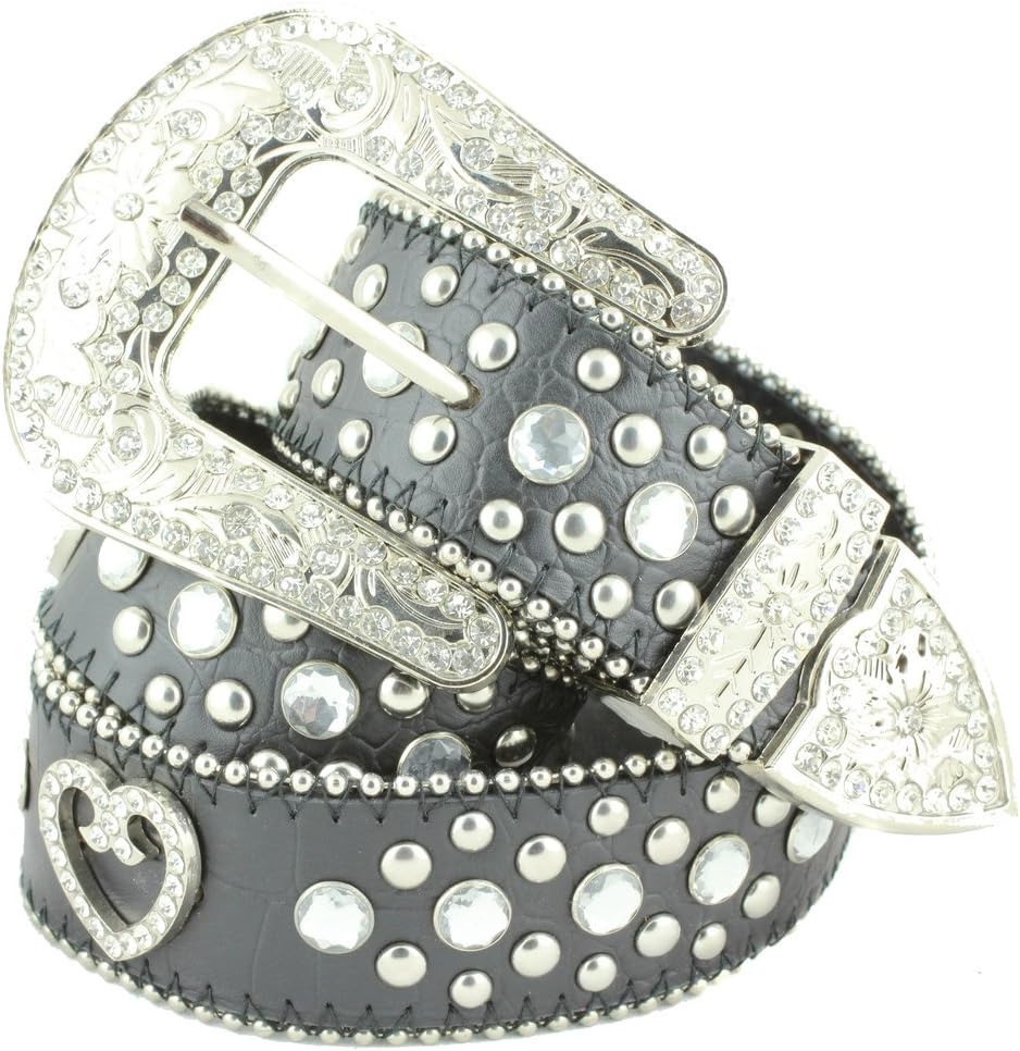 Deal Fashionista BLACK HEART Concho Western Rhinestone Bling Studded Removable Buckle Belt