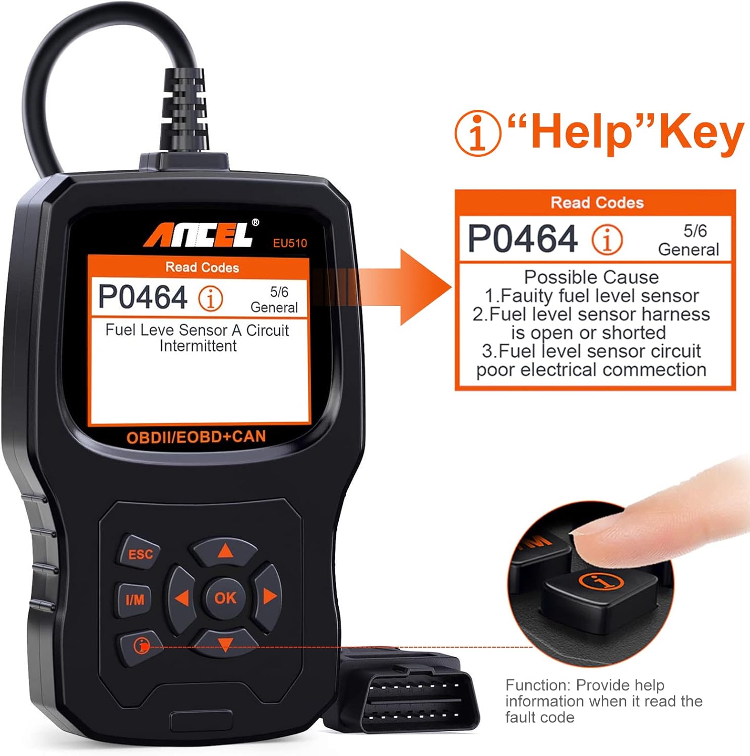 ANCEL EU510 showing P0464 code with help explanation