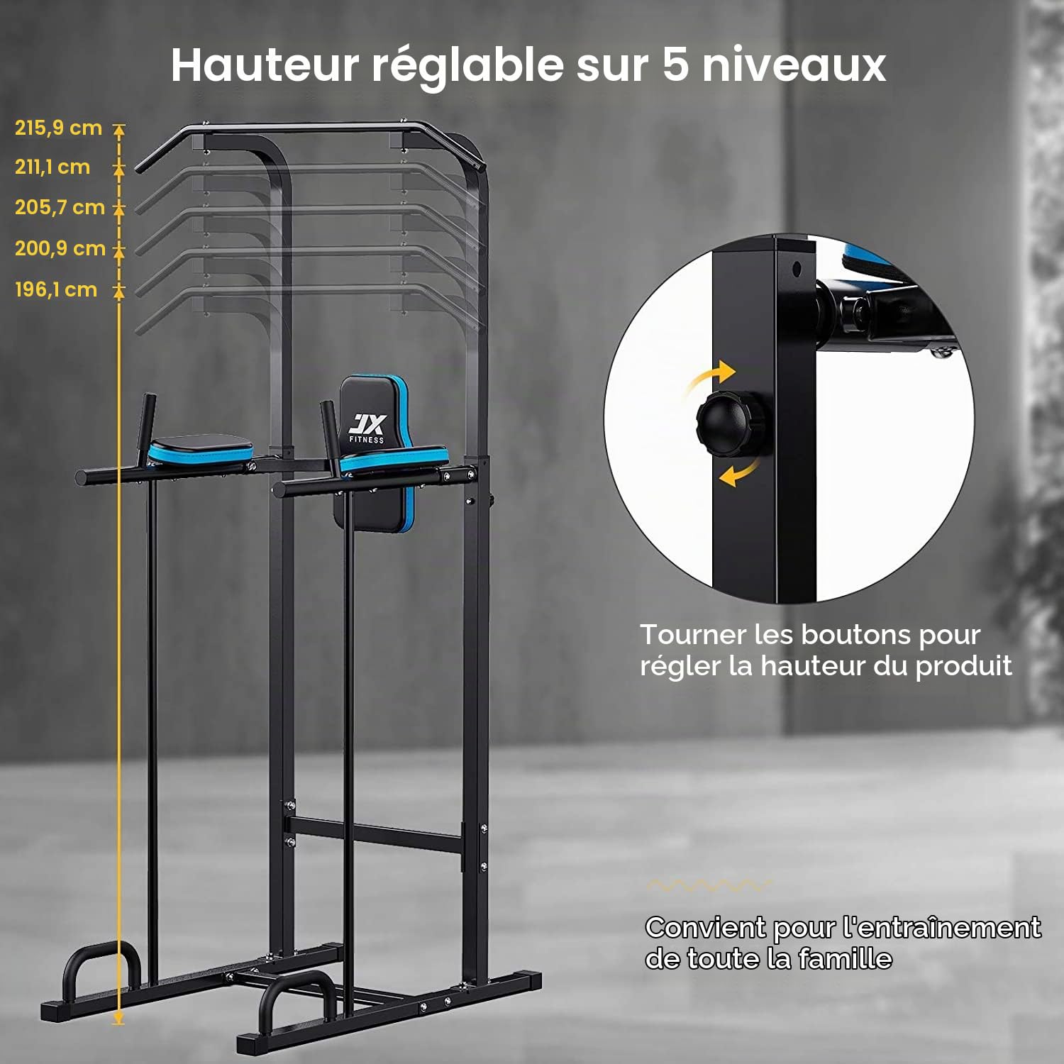 JX FITNESS Power Tower Tour de Musculation Multifonctions Barre de Traction Station de Trempage D'entraînement de Tour de Puissance Ajustable Dips Station Chin Up Bar Home Fitness