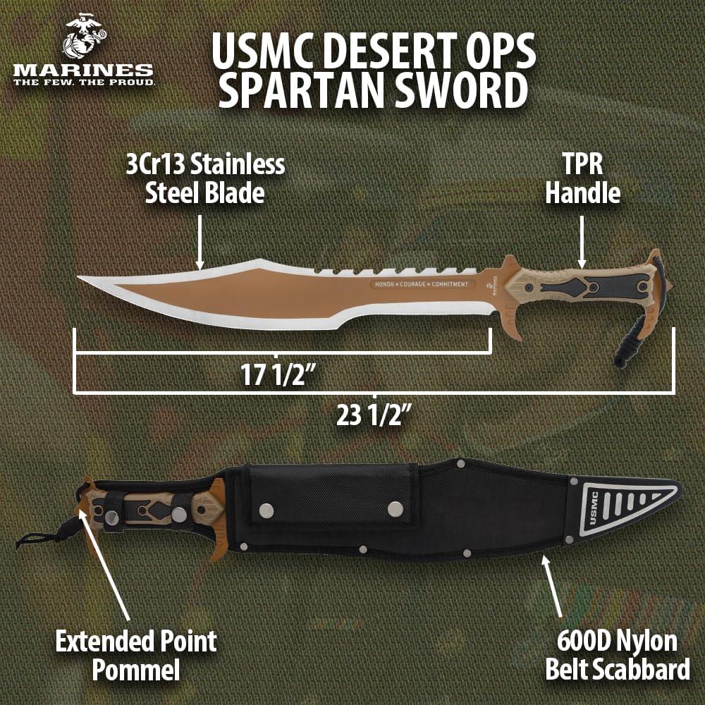 USMC Desert Ops Spartan Sword and Scabbard | Battle Ready Full Tang | 17.5