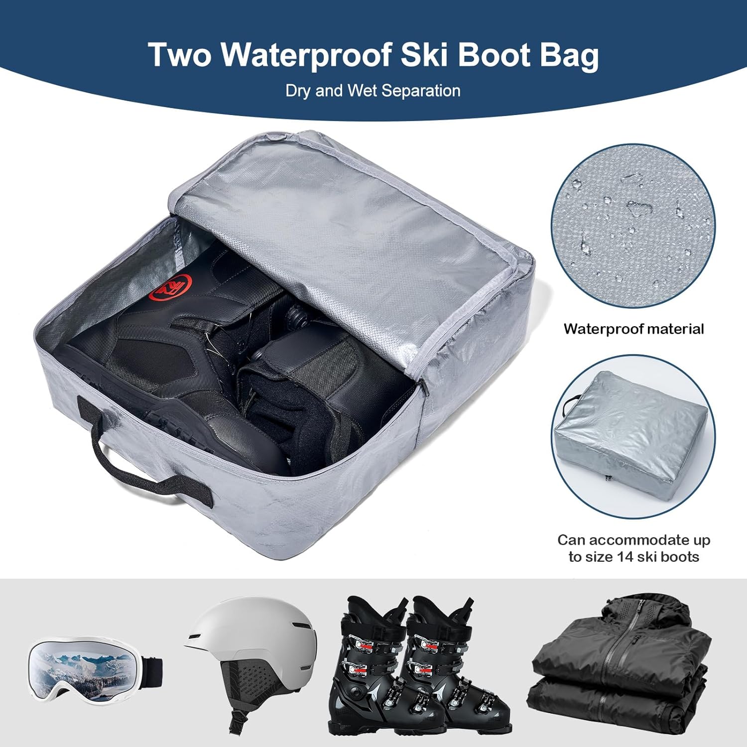 Odoland Rolling Ski Bag, Padded Snowboard Bags with Wheels for Air Travel, 900D Water Resistant Oxford Fabric and Extra 2 Dry Bag, Fits Skis Up to 170/190cm