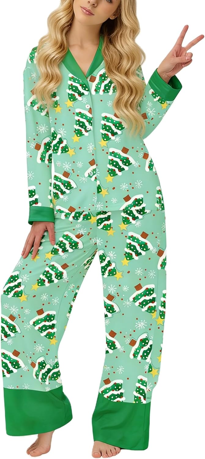 Women Silk Satin Christmas Pajamas Set Santa Bow Long Sleeve Button Down Shirt Wide Leg Pants Cute 2 Piece Set - Image 2