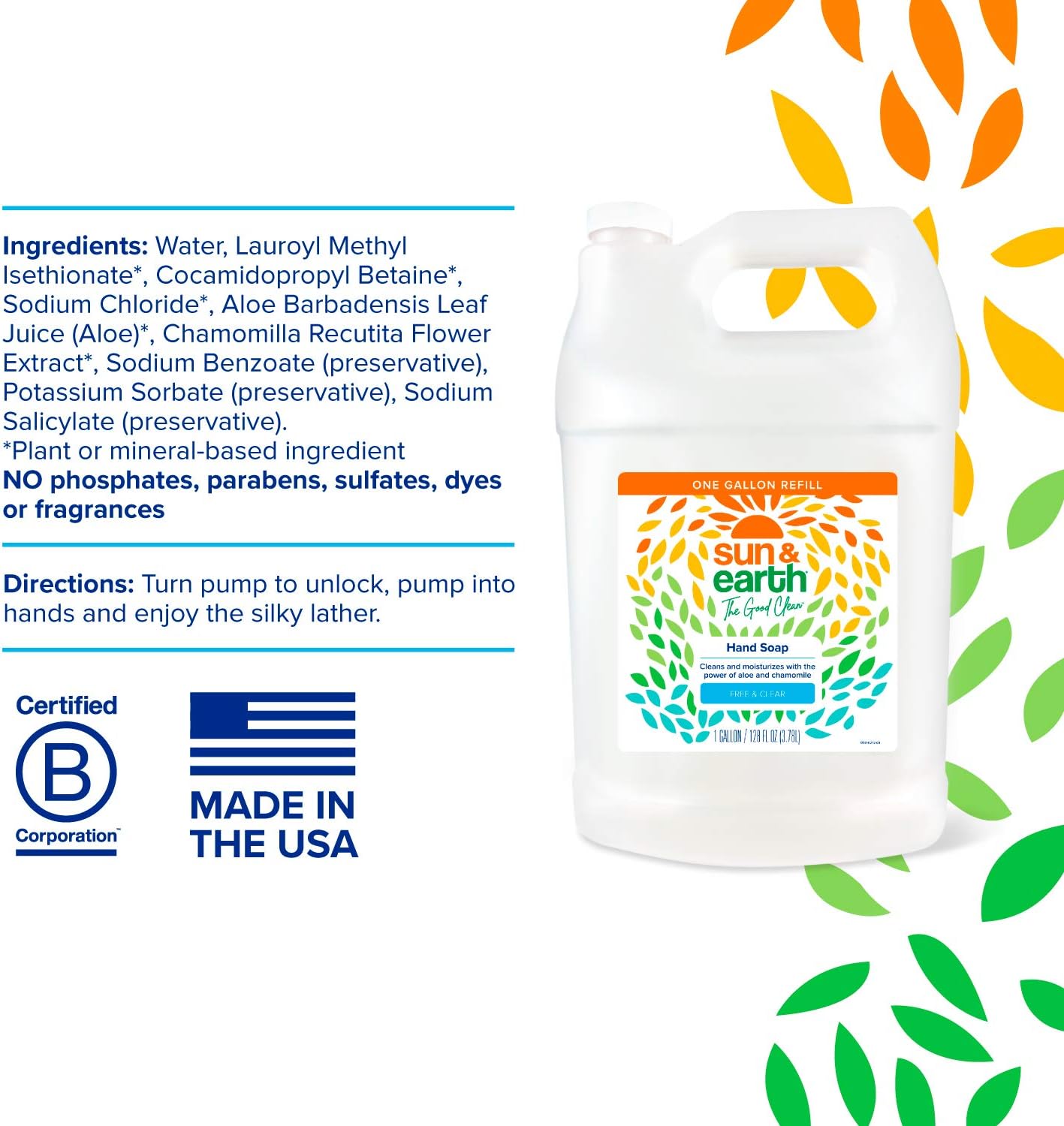 Hand Soap Refill Liquid by Sun & Earth, 128 Fl Oz (Pack of 2), Free & Clear, Unscented, Fragrance Free, Bulk Size, Plant Based Ingredients, No Phosphates, Parabens or Sulfates