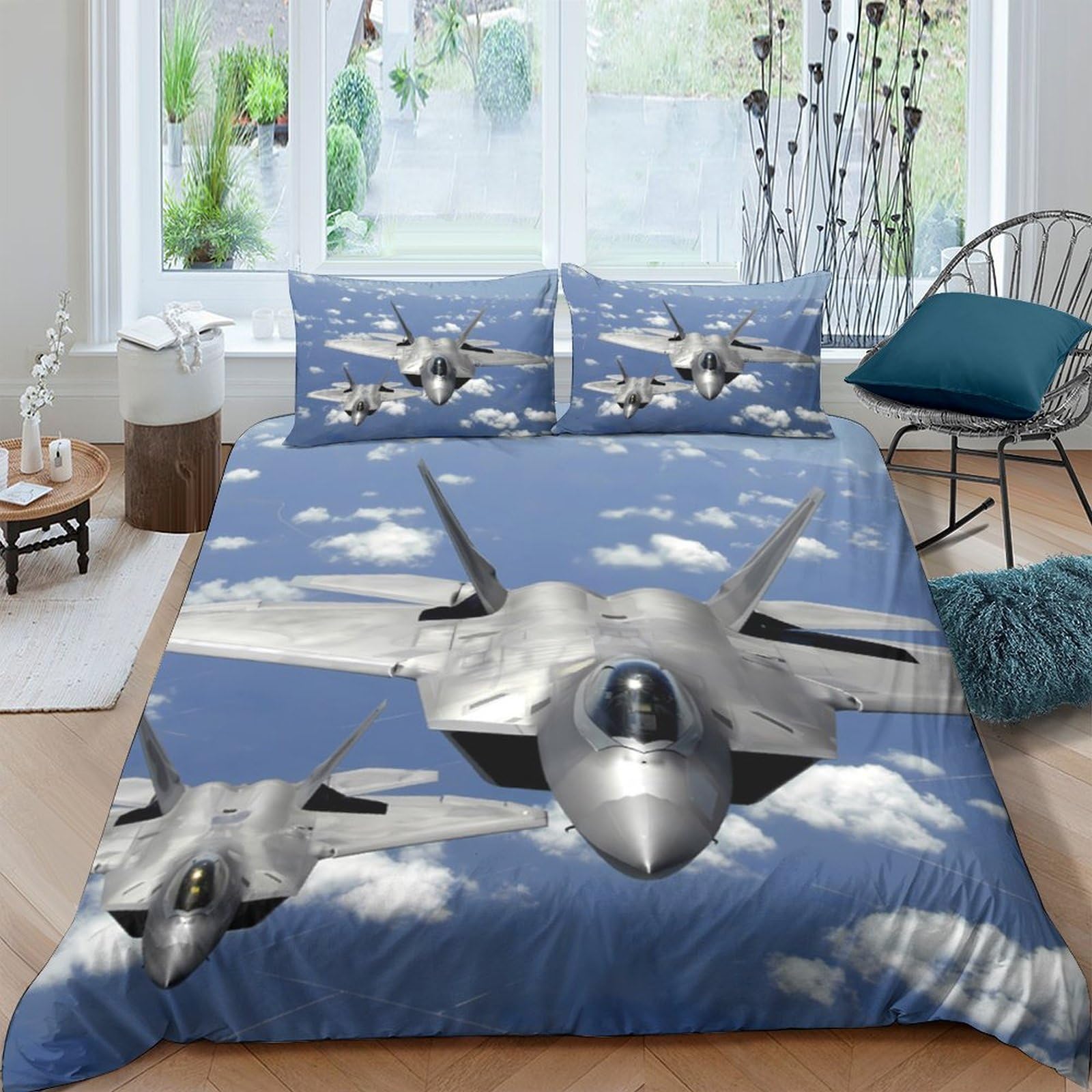 Ctjqhvkz Style-5 3D Printed Fighter Jet Fitted Sheet Microfiber Blue Sky Aircraft Mattress Cover Non-Slip Bedroom Decor Easy Care Single（135X200cm）