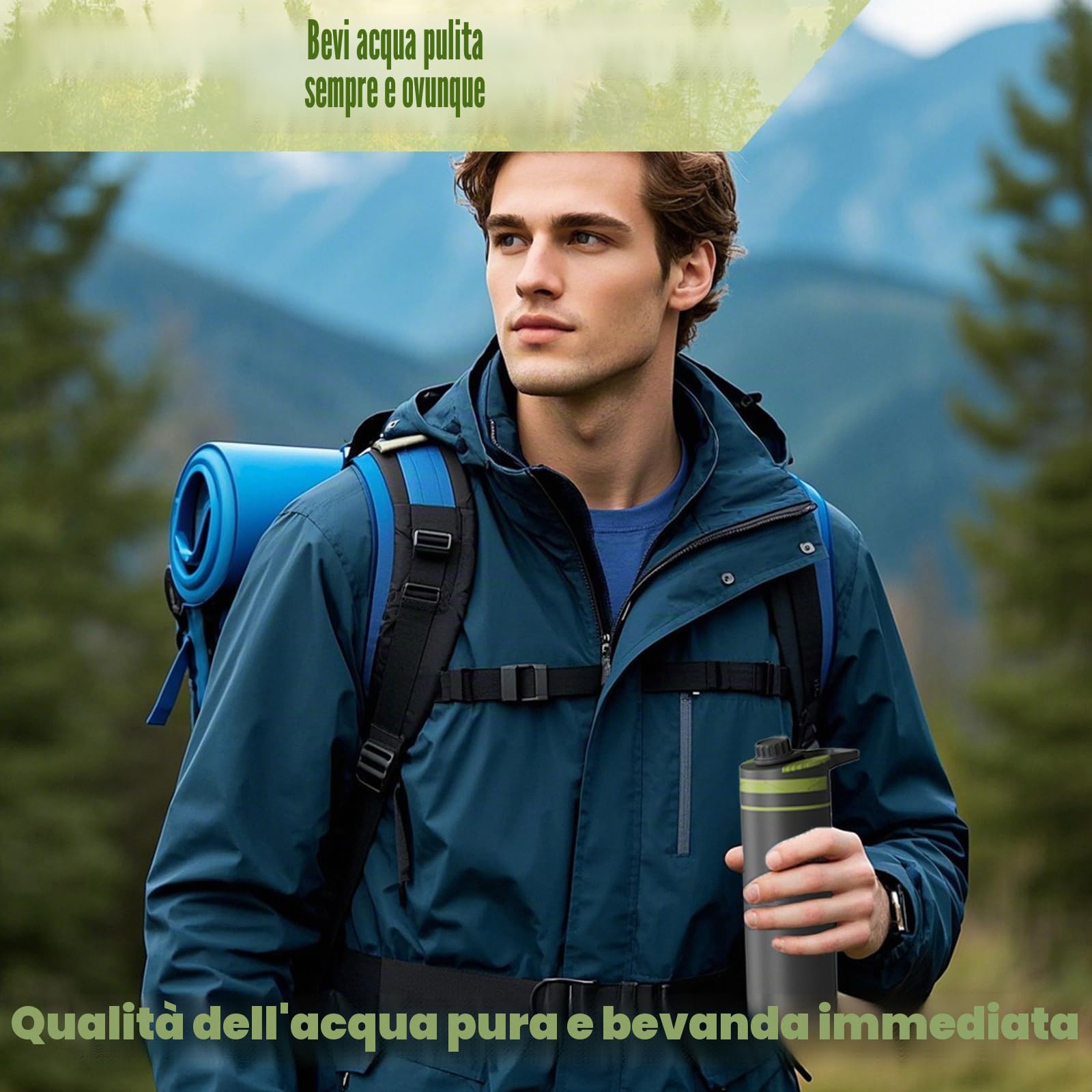 Filtro dell'acqua per esterni, filtro dell'acqua per sopravvivenza all'aperto, filtro dell'acqua per escursioni, bottiglia con filtro dell'acqua da 780 ml (verde)