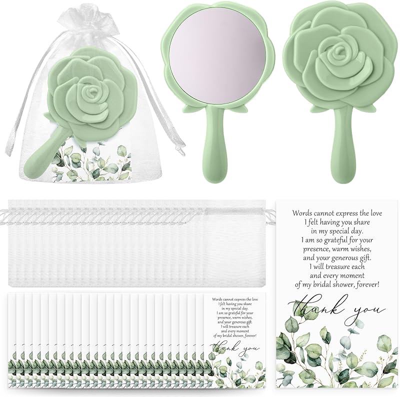 Wenqik Espelhos compactos de mão em formato de rosa, verde, Pacote com 24, cartões de agradecimento e sacos de organza