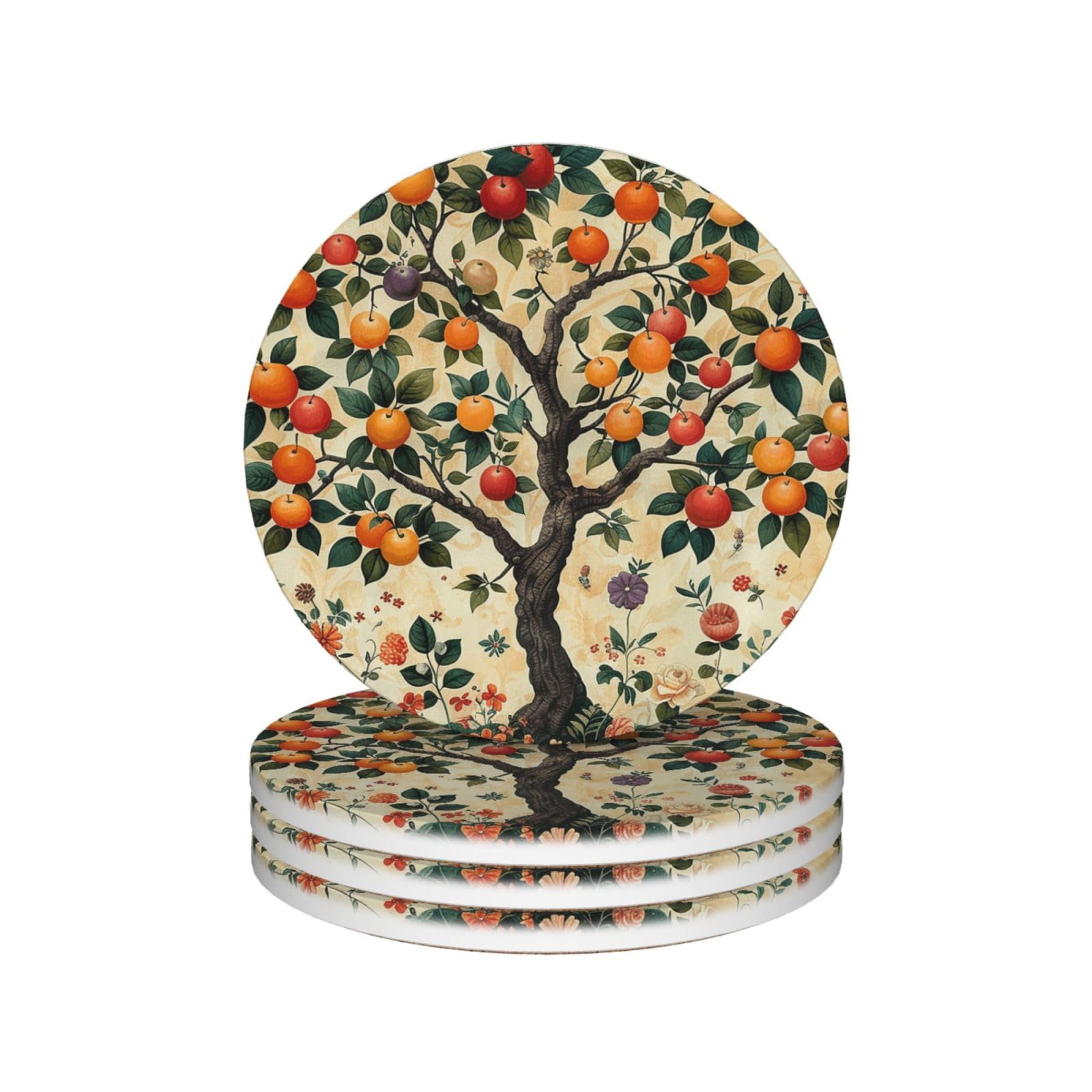 Drink Coasters Set of 4 Ceramic Coaster Plants and Fruits Coasters for Drinks Cups Mugs Mat Pads Absorbent Non-Slip Decorative Cup Coaster for Coffee Table Kitchen Bar Home Decor