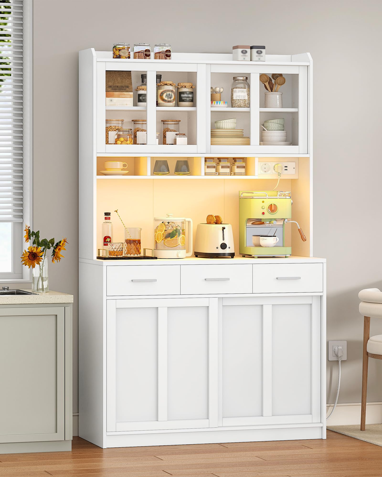 Hzuaneri Küchenschrank, Sideboard mit Arbeitsplatte und 3 Schubladen, Verstellbare Einlegeböden, Schiebetüren, für Küche oder Esszimmer, 40 x 100 x 185 cm, Weiß 0110203XEU