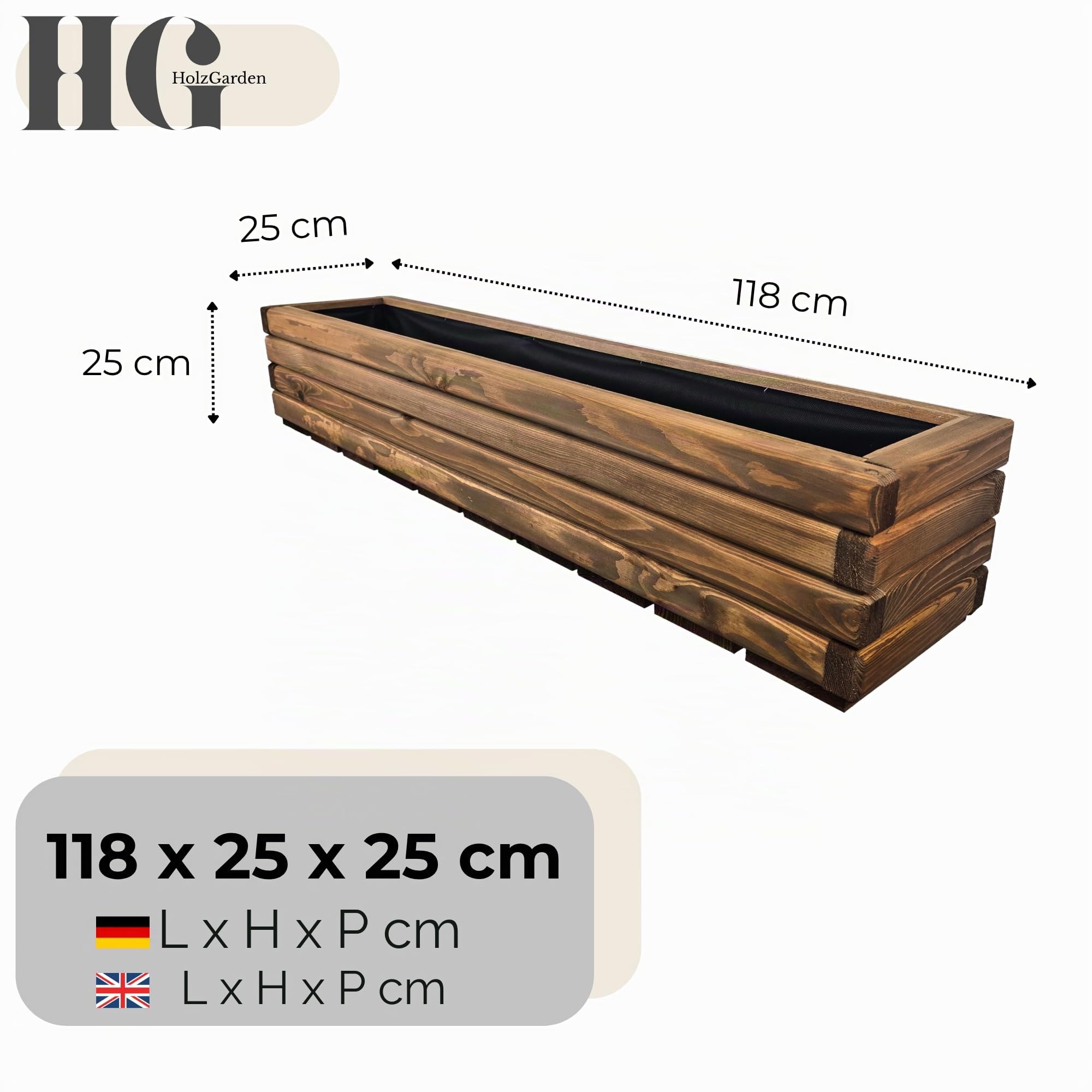 Fioriera in Legno con Tessuto Non Tessuto 118x25x25 cm cm Legno Massello Impregnato Colore Teak Vaso da Esterno per Giardino Balcone e Terrazza, Resistente alle Intemperie, 43L