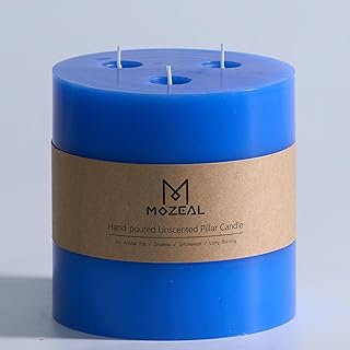 MOZEAL Extra Large 3 Wick Blue Pillar Candle, 6" x 6", Unscented, Dripless, Smokeless, and Clean-Burning. Approx. 120 Hours of Burn Time. Perfect for Weddings, Dinners, Christmas and Home Decor