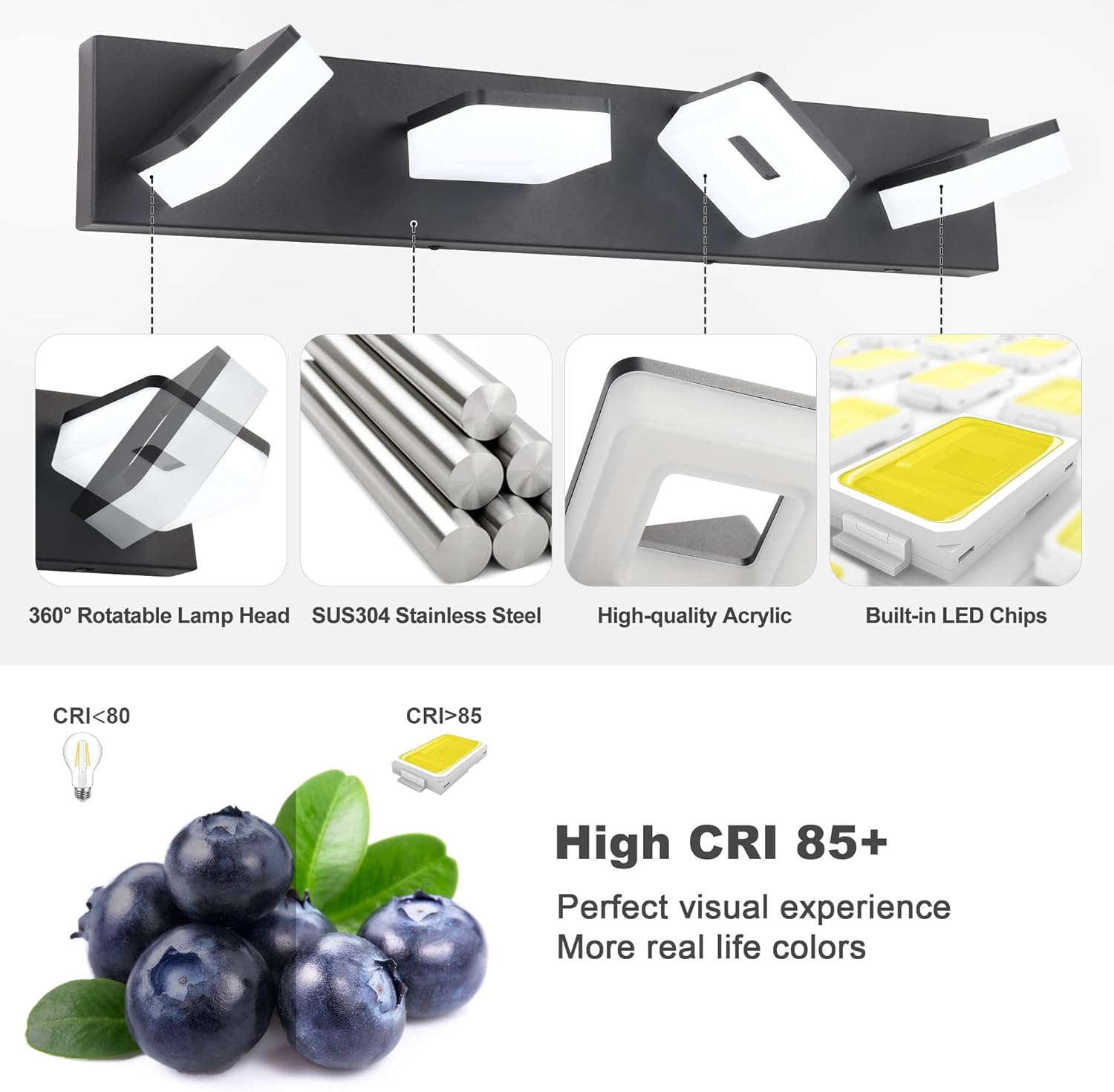 3 Colors Dimmable Black Vanity Lights for Bathroom, LED 4 Light Vanity Lighting Fixtures, Acrylic Stainless Steel Bathroom Light Fixtures over Mirror, Adjustable 3000K/4000K/6000K, 360° Rotate