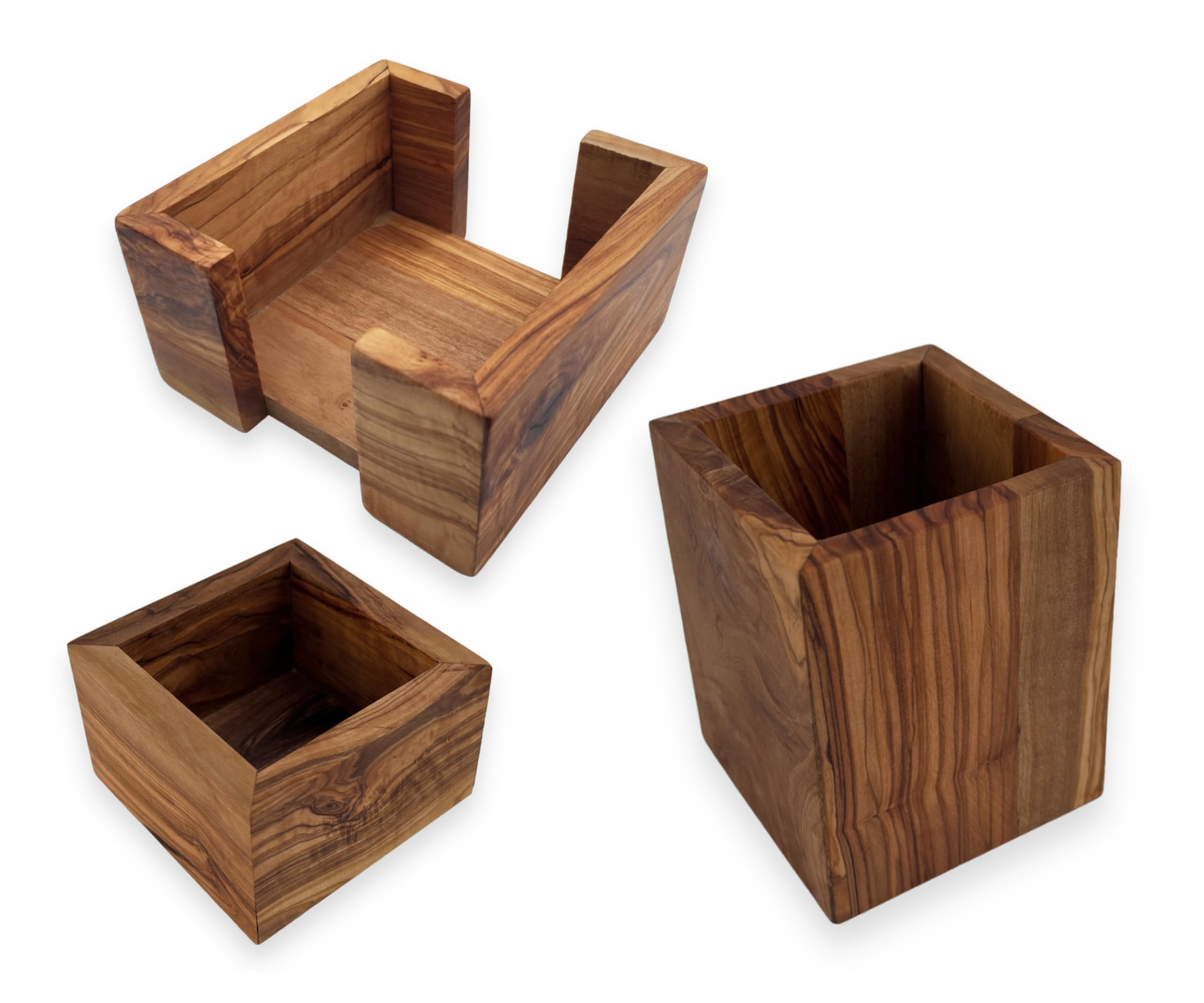 Zettelbox Notitzpapier Halter für 9x9cm Zettel + Stifthalter Becher + Büroklammernhalter squaremood eckig handgefertigt aus Olivenholz, Geschenkidee.
