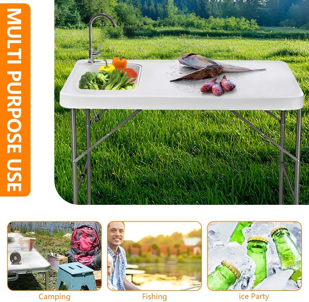 Portable Fish Cleaning Table with Sink – 42.5" Folding Camping Sink Station, Heavy-Duty Outdoor Fillet Table w/ 360° Faucet, Drain Hose – for Fishing, Beach, Dock, Picnic, Patio (White)