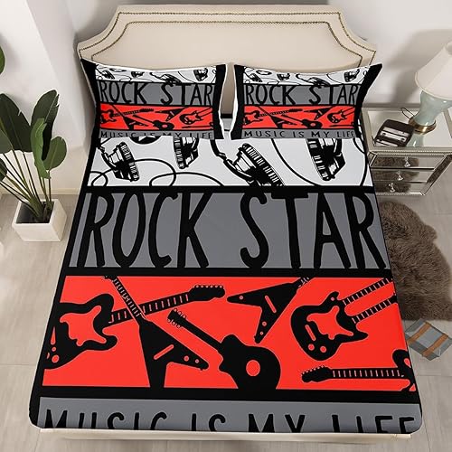 Miniatura 2 de Erosebridal Juego de sábanas de música rock para guitarra eléctrica, juego de sábanas temáticas musicales King Punk Rock Popstar sábanas, sábana