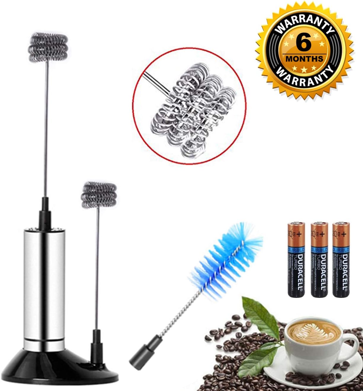 amiciCare Food Grade Steel Milk Frother Triple Spring with Extra Whisk Head, Washing Brush, Stand and 3 x AAA Batteries
