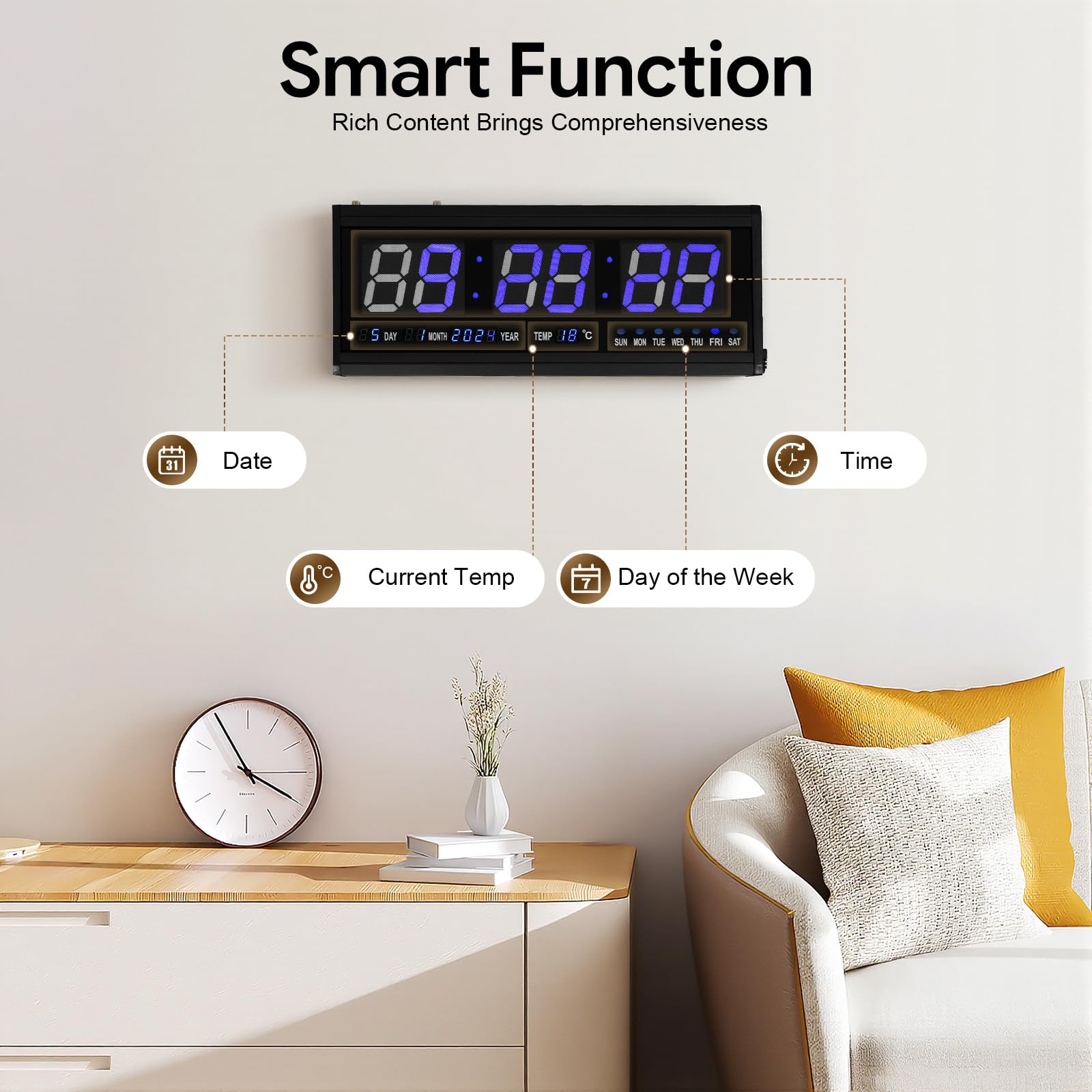 Horloge murale numérique à LED - 48 cm - Noir et bleu - Affichage de
