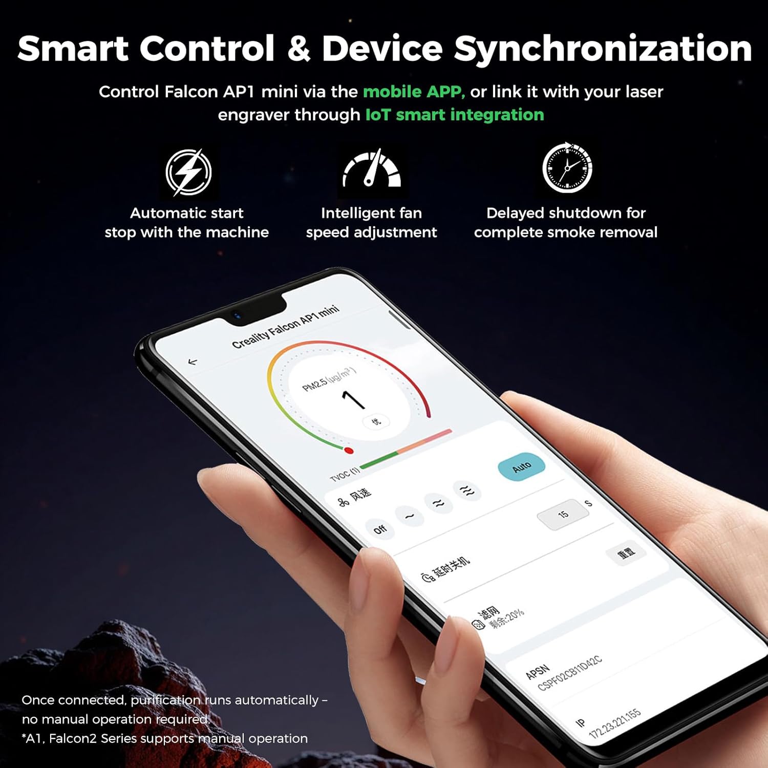 Creality Falcon AP1 Mini Smart Smoke Purifier, 360° Full-circle Purification, 99% Purification Rate, Real-Time PM2.5 Monitoring, WiFi/App Control, 55W IOT-Connected Fume Extractor for Laser Engraver