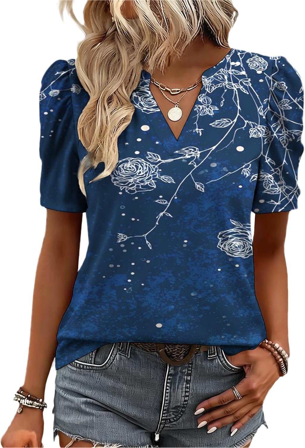 Casual Floral Print Shirt for Women Split V Neck Puff Short Sleeve Loose Fit Blouse for Spring