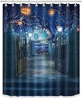 Vista 2 de LB Cortina de ducha de Halloween, cementerio de terror, fantasma, gatos negros en árbol, calabaza, cortinas de ducha para baño con ganchos, 60 x 72