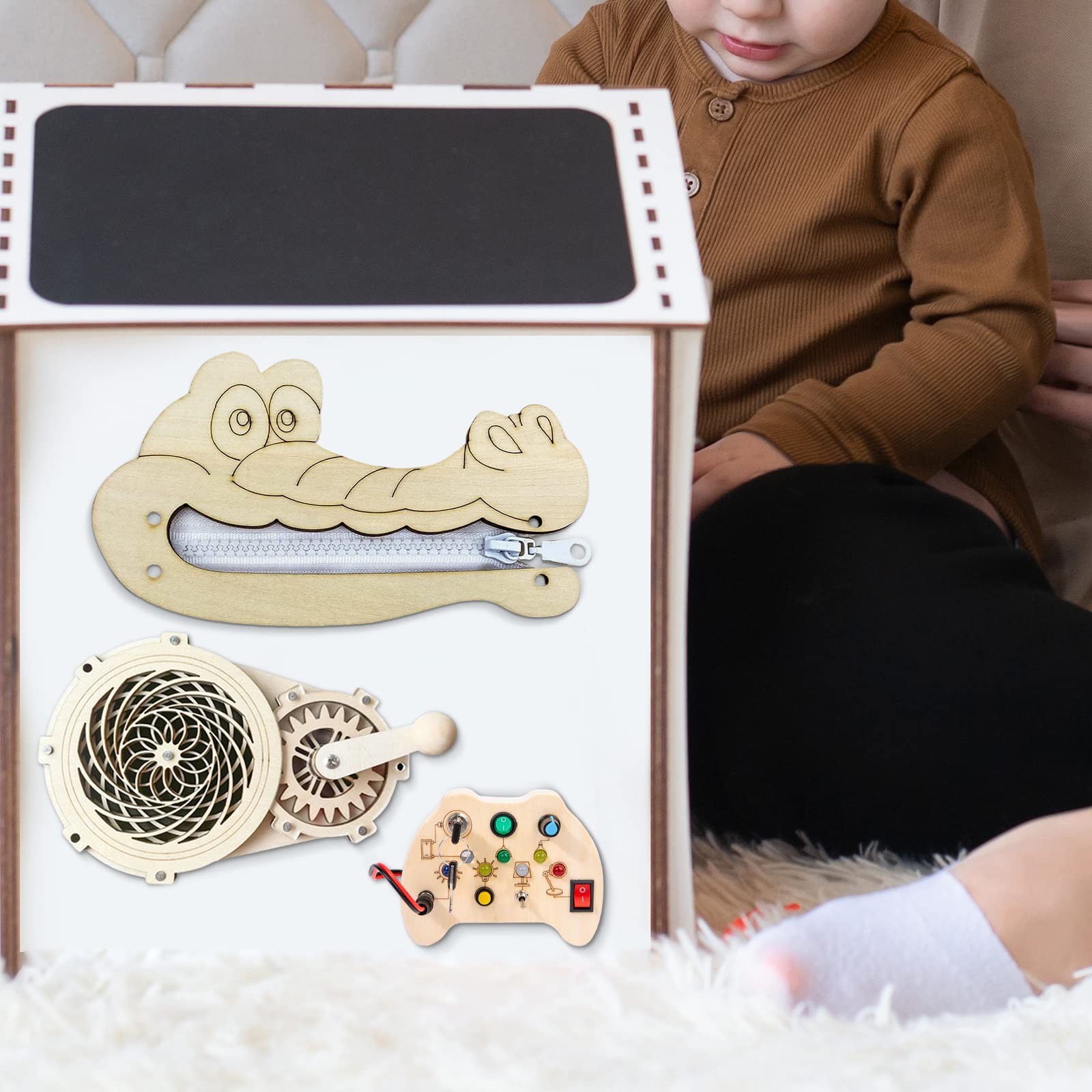 Sharplace Busy Board DIY Accessories Material Learning Zipper Game Sensory Toy Wooden Handicraft Toy for Preschool Airplane Toy Kids Children,Crocodile - Image 4