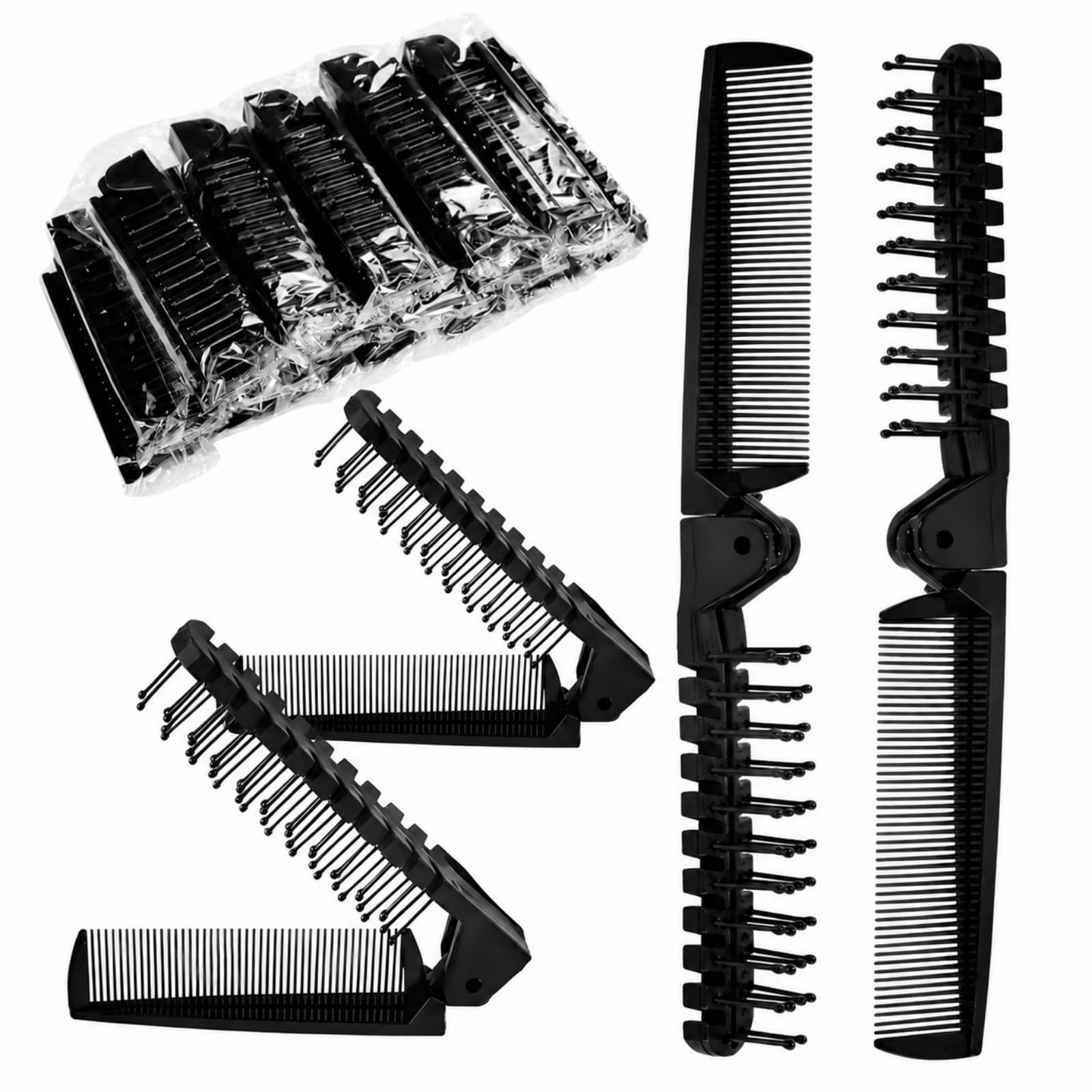 10 Pcs Portable Travel Folding Comb Brush Combo Compact Foldable Hair Brush Pocket Size Comb Double Headed for Women Men Homeless Hotel Shelter Nursing Home Charity Church (Black)