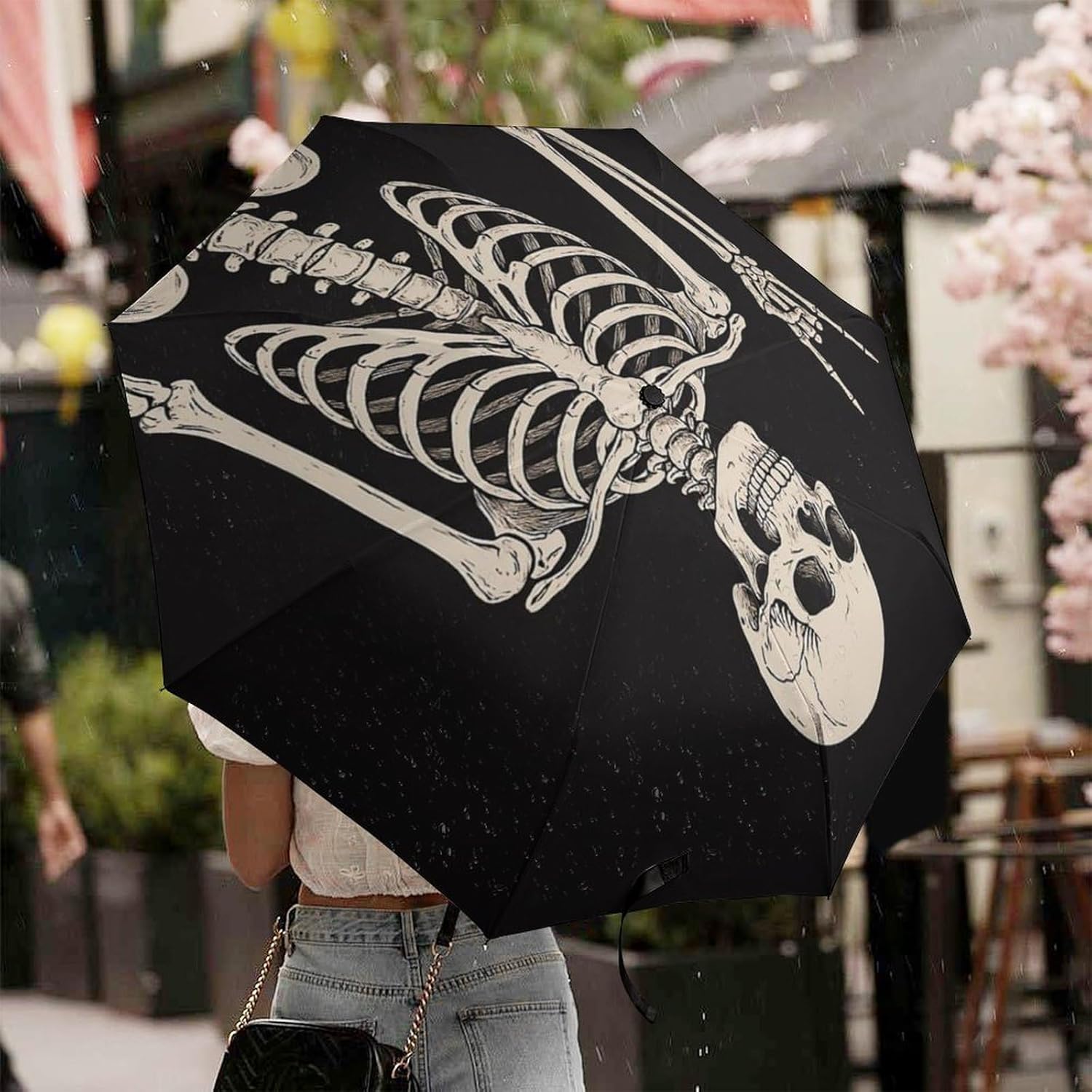 Skull Travel Umbrella Rock And Roll Skeleton Bone Windproof Compact Automatic Open/Close Folding Rain Umbrellas Sugar Candy Skull Day of Dead Collapsible Auto Portable Umbrella for Women Girls Kids