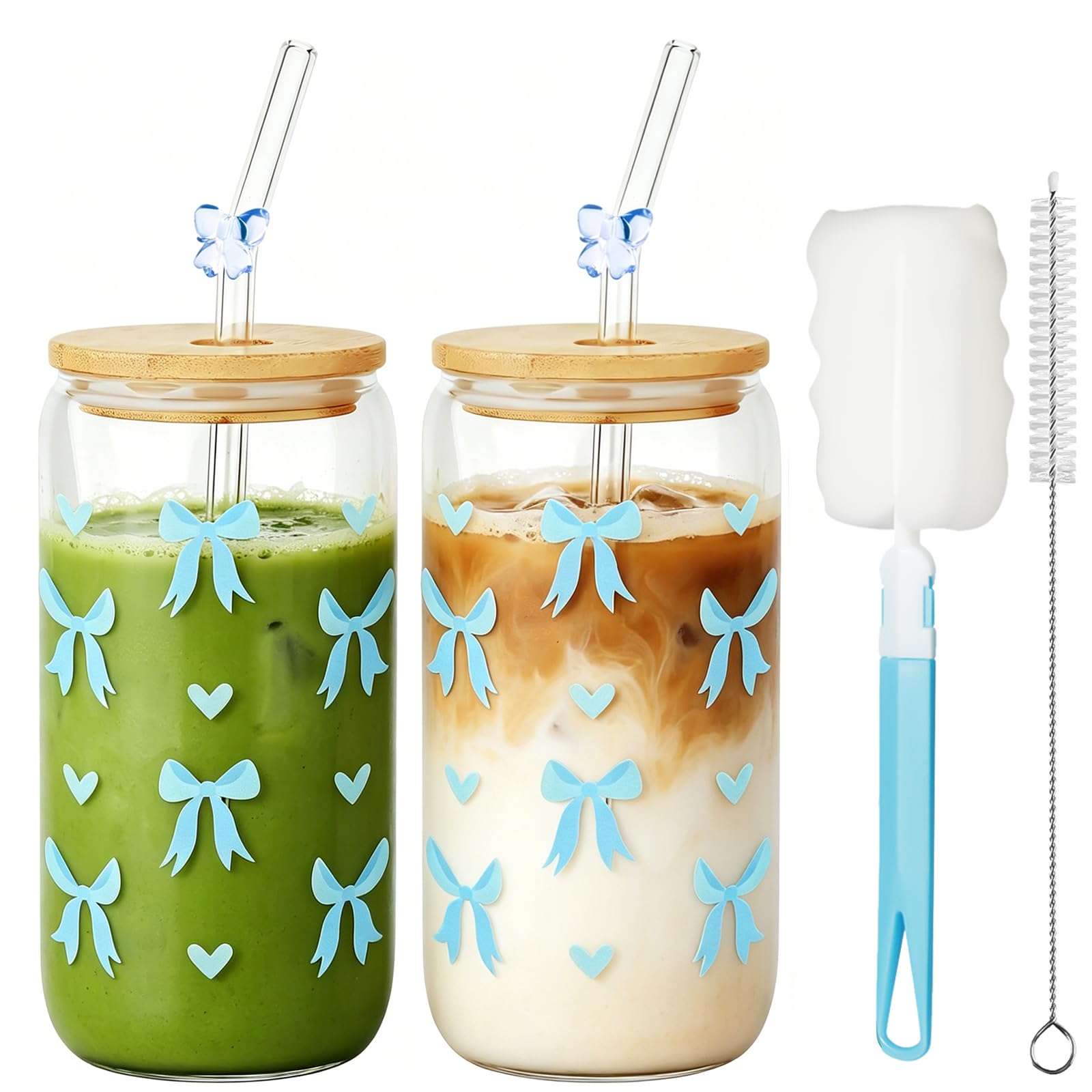 Mssushi 2 Pcs Bow Glass Cups 16OZ with Lids & Straws (Blue Bow＆Heart)