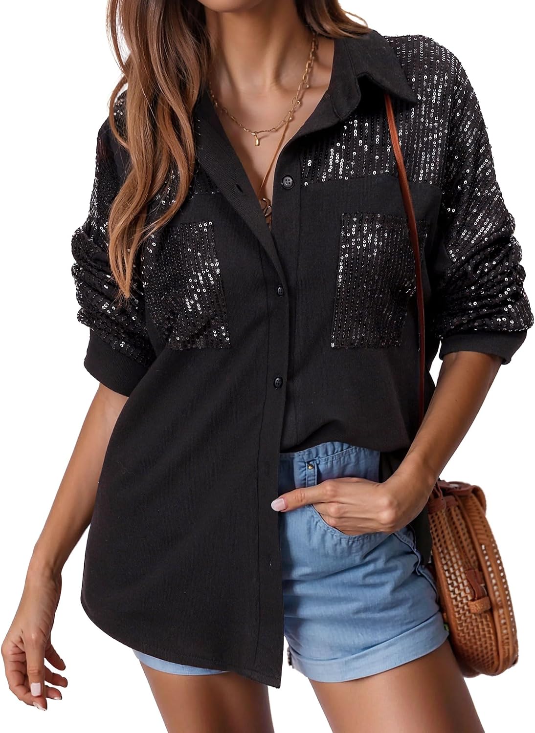 Ezcosplay Women Button Down Shirt Sparkly Sequin Shacket Long Sleeve Glitter Casual Outerwear Tops