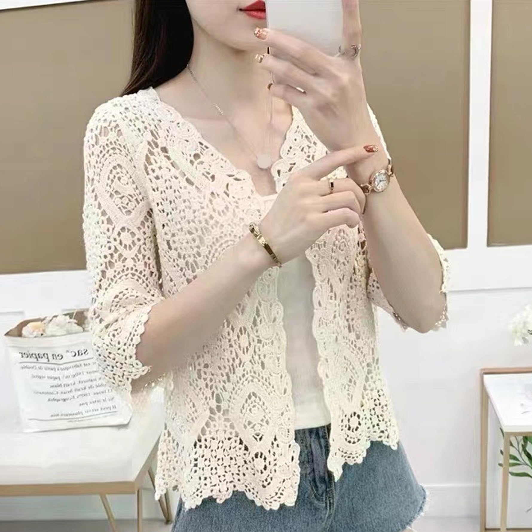 Cardigan all'Uncinetto Protezione Solare in Morbido Cotone Floreale Maniche a 3/4 Aperto sul Davanti Cardigan in Pizzo Estivo scolpito all'Uncinetto per Top da Donna