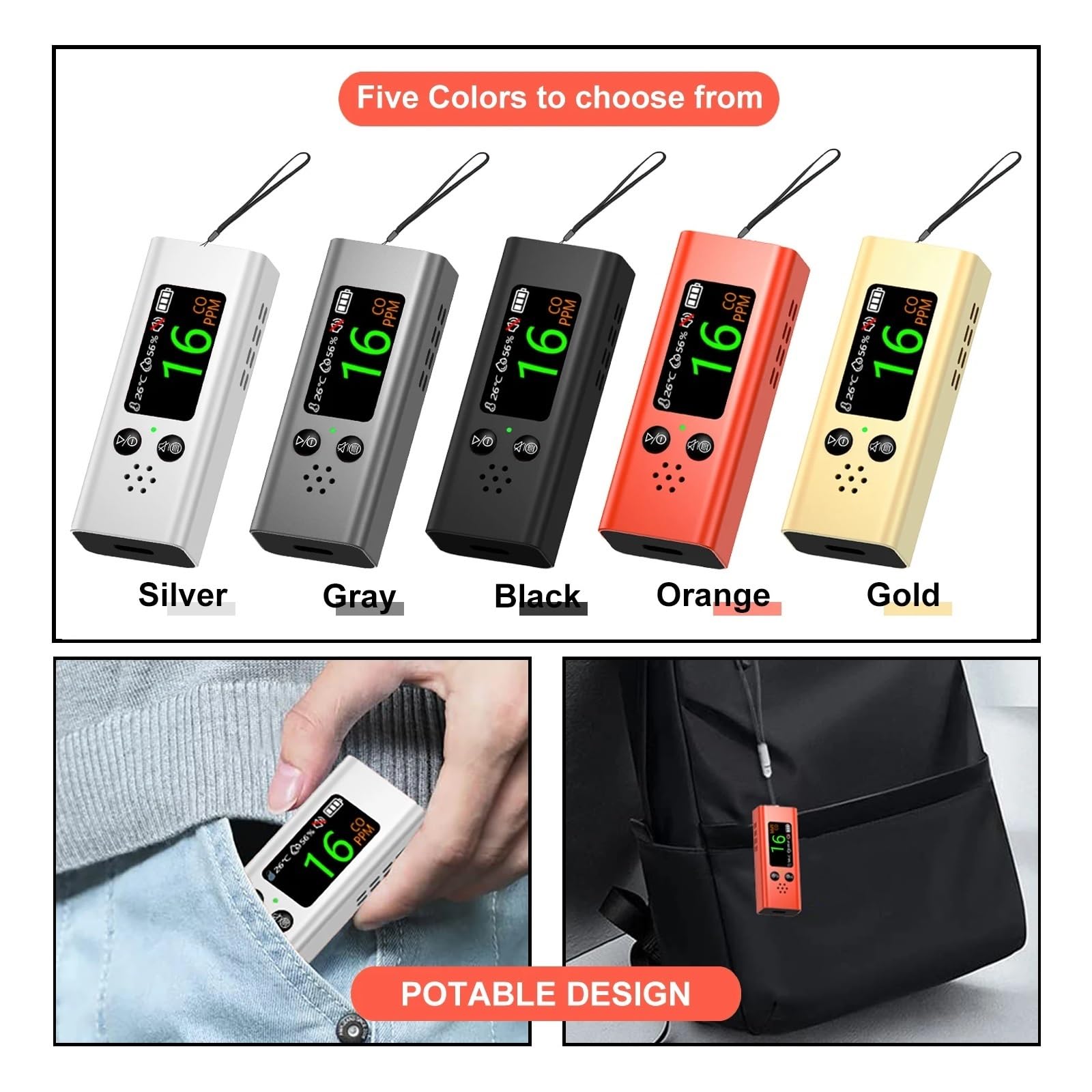 Détecteur de gaz, Détecteur de monoxyde Carbone 3 en 1, détecteur CO Voyage Professionnel, précis et Rechargeable, avec Alarme(Zwart)