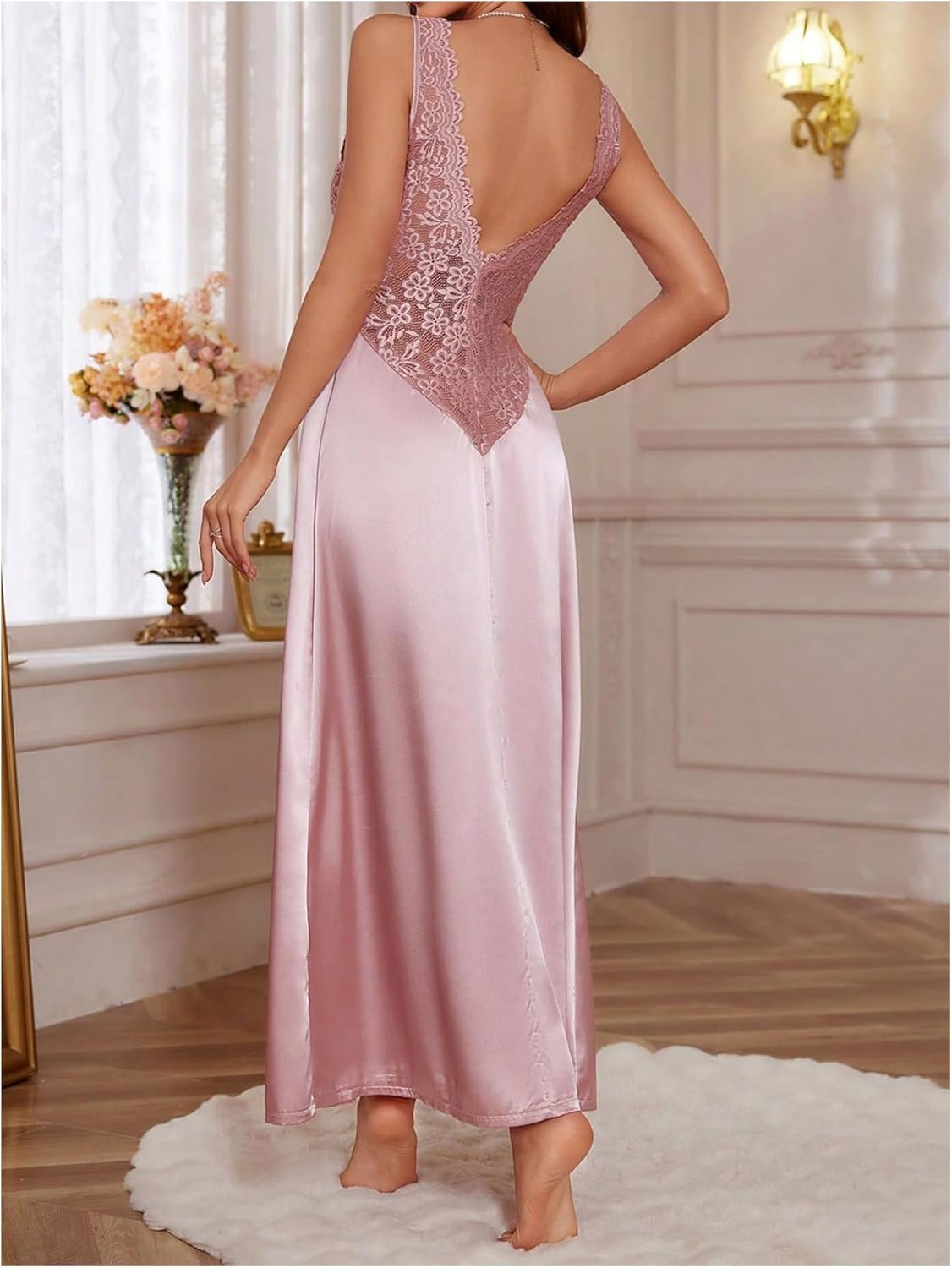 WDIRARA Women's Lace Backless Sexy Long Satin Sleepwear Deep V Neck Sleeveless Nightgown - Image 2