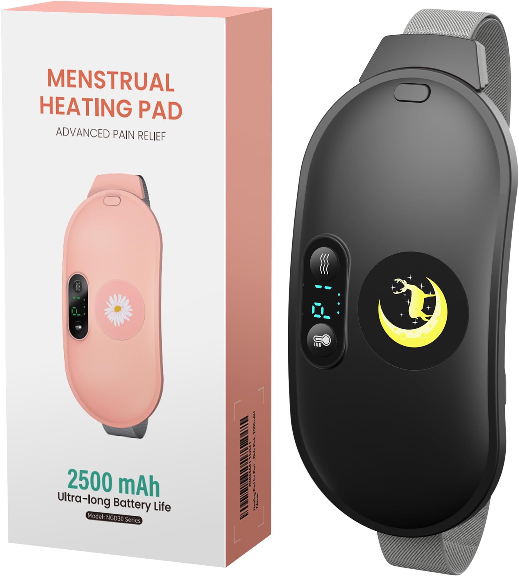 Koonie Cordless Heating Pad for Cramps Relief, 2500mAh Rechargeable Battery, 4-6h Using Time, Portable Heating Pad with 6 Heat & Vibration Modes, 1h Auto Shut-Off,Period Massager for Women Girls,Black