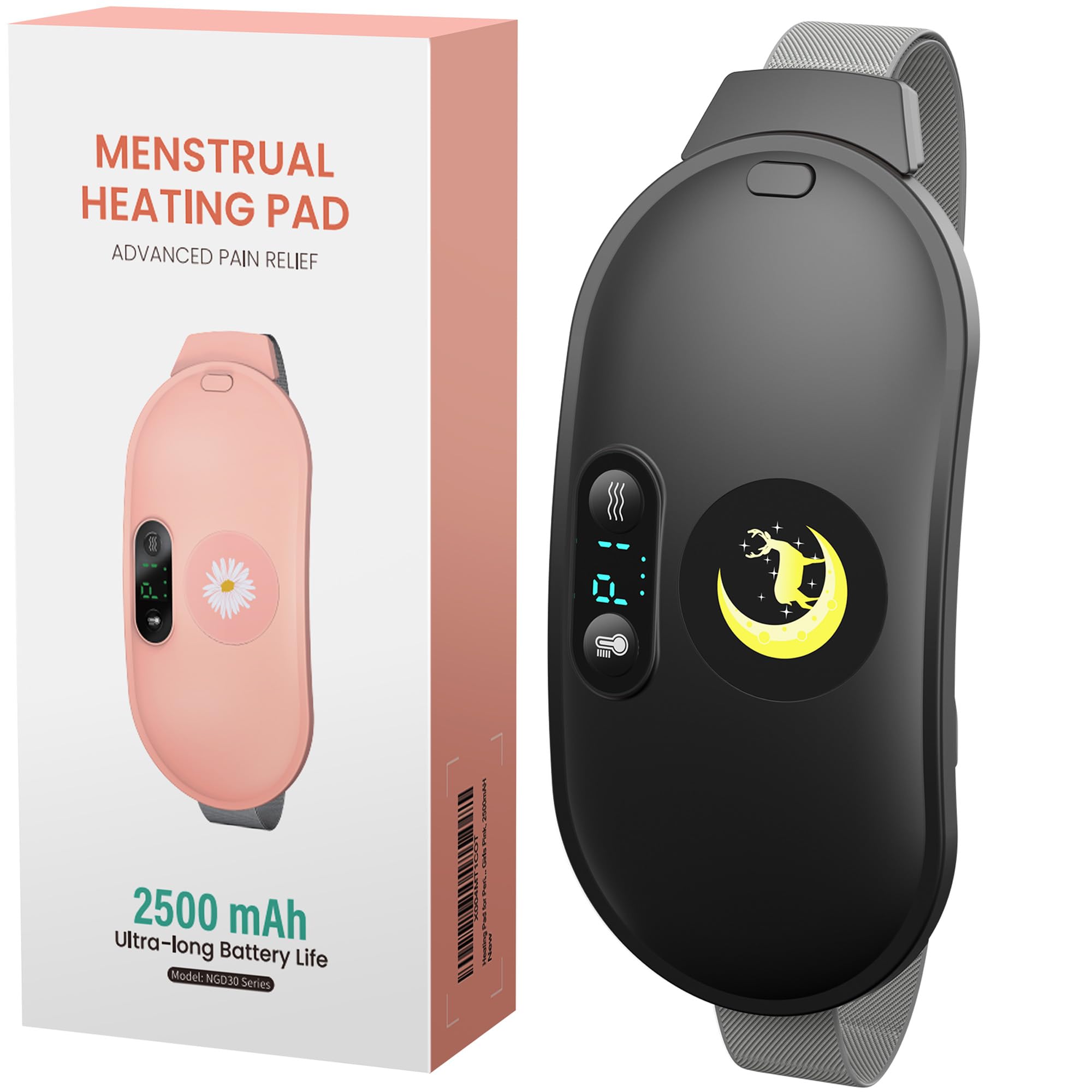 Koonie Cordless Heating Pad for Cramps Relief, 2500mAh Rechargeable Battery, 4-6h Using Time, Portable Heating Pad with 6 Heat & Vibration Modes, 1h Auto Shut-Off,Period Massager for Women Girls,Black