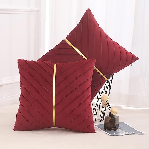 Miniatura 6 de Tosleo Fundas de almohada de terciopelo rojo de 24 x 24 pulgadas, paquete de 2 con fundas de almohada decorativas de cuero dorado para sofá, fundas