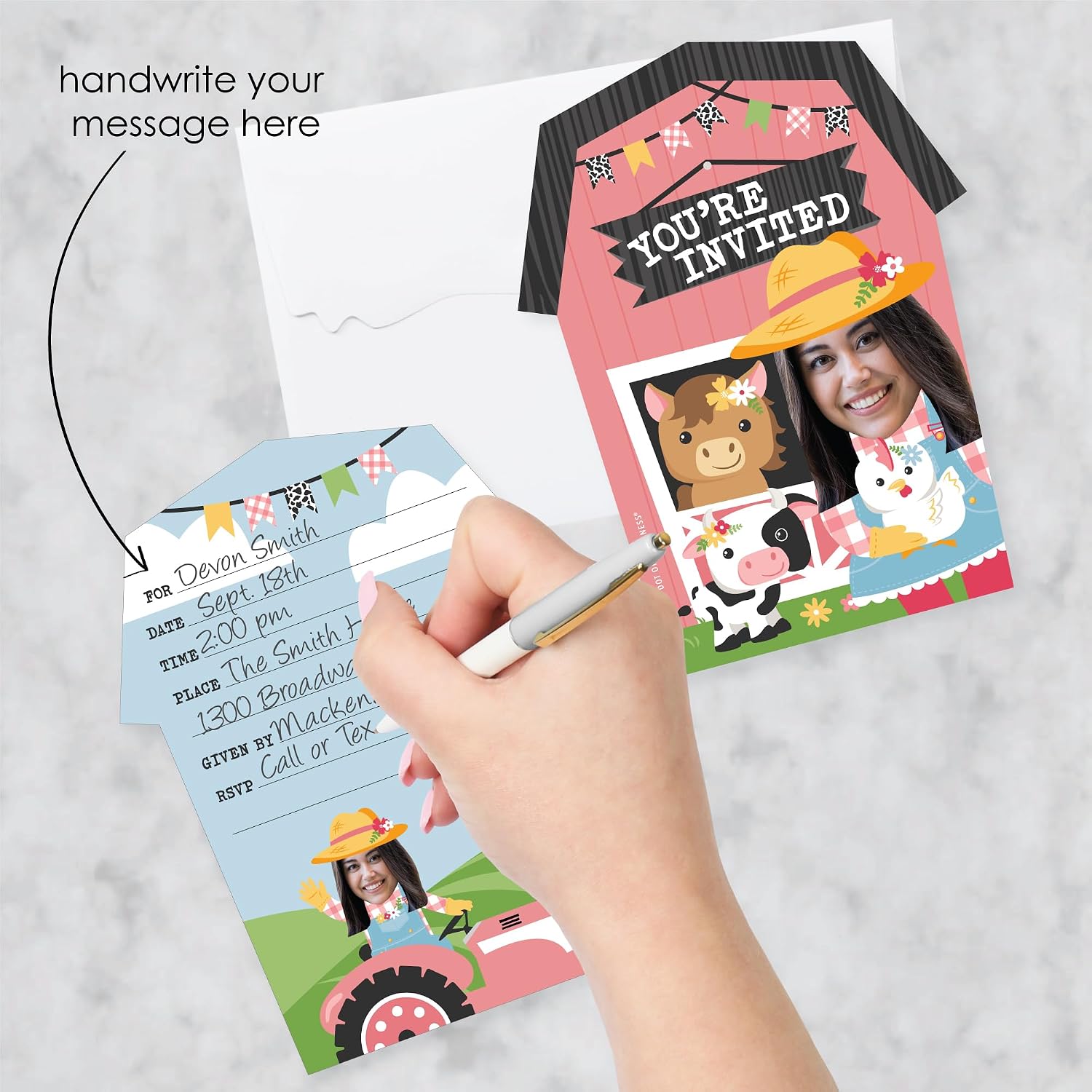 Big Dot of Happiness Custom Photo Girl Farm Animals - Fun Face Shaped Fill-In Invitation Cards with Envelopes - Set of 12