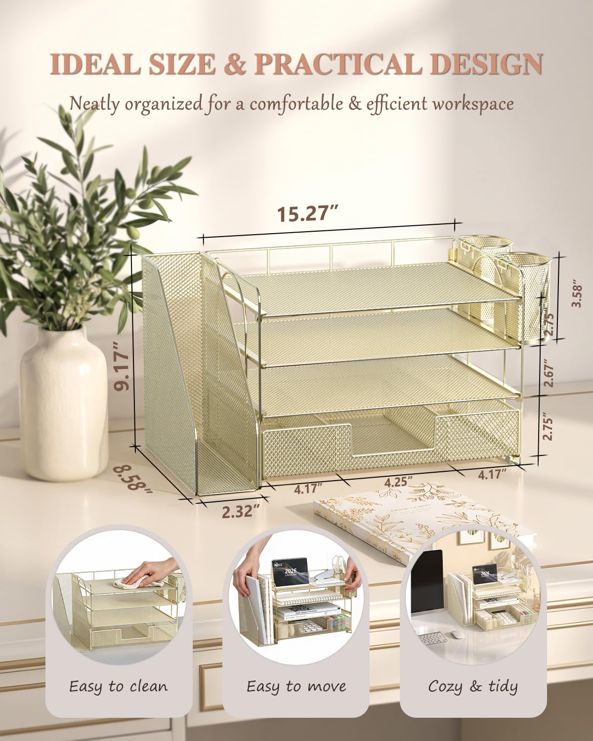 WALI Desk File Organizer, 4 Tier Desktop Paper Letter Tray Organizer with Drawer and 2 Pen Holders, Office Desk Accessories & Workspace Organizers for Office, Home, School Supplies, 1 Pack, Gold view 7
