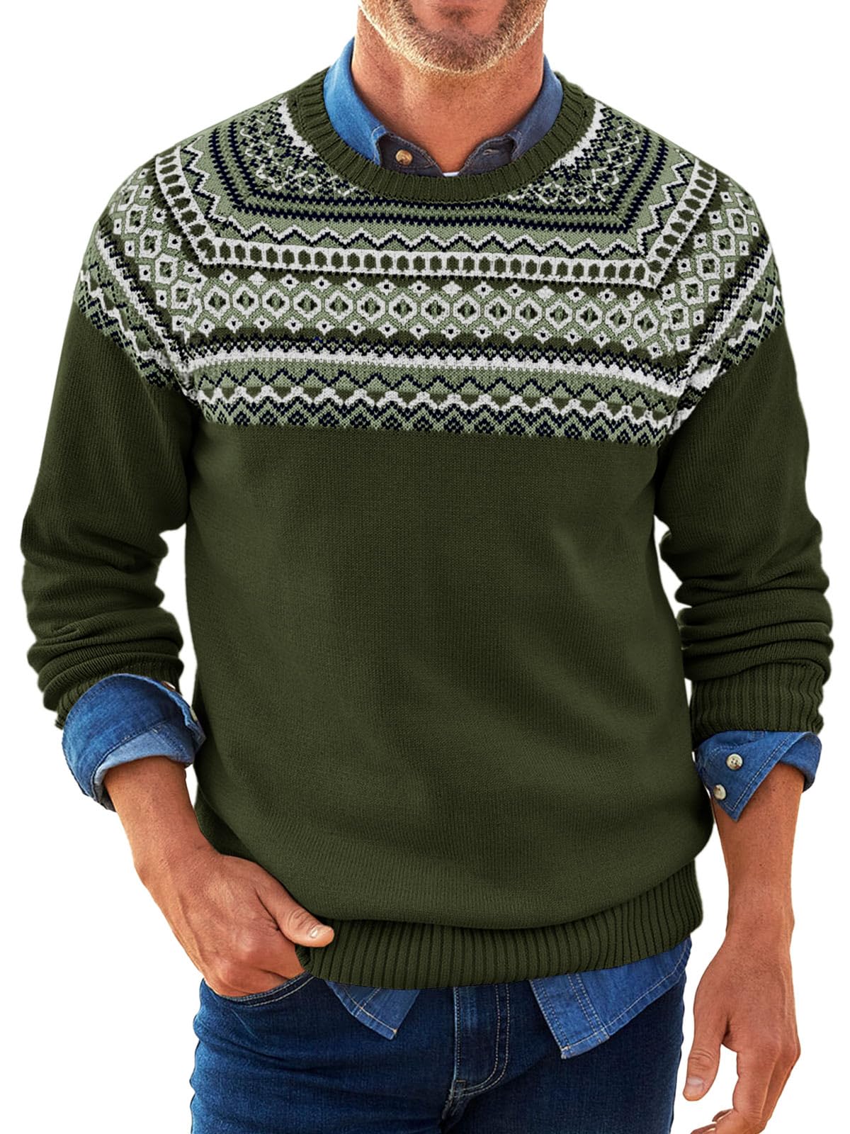 Runcati Norweger Pullover Herren Weihnachten Strickpullover Rundhals Fair Isle Sweater Langarm Männer Winter Basic Casual Pulli