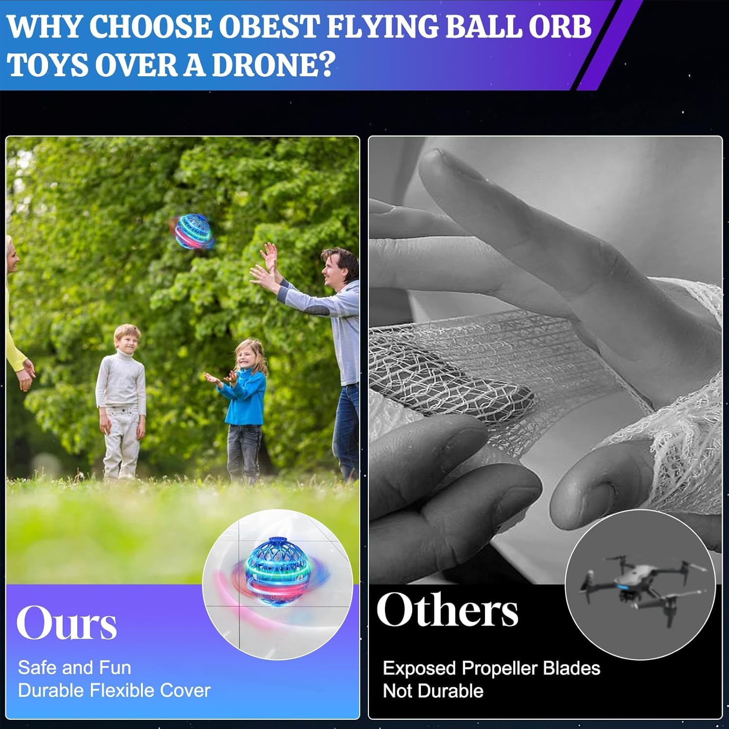 OBEST Mini Fliegender Ball Magischer Flugball Boomerang Flying Orb Ball mit LED Licht, 360 Flip Orbi Drohne UFO Hover Spinner Innen Außen Spielzeug für Kinder Erwachsene Jungen Mädchen Geschenk
