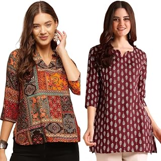 MS VHCK ENTERPRISE Women's Cotton Printed Short Kurti, Round Neck, Three Quarter Sleeve, Straight Fit, Pack of 2 Price In India