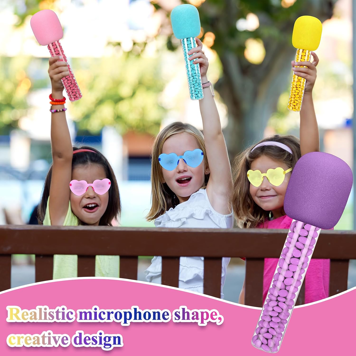 16 Sets Microphone Candy Tubes with Music Colorful Heart Shaped Glasses Fake Prop Microphones Plastic Microphone Rock Star Theme Party Supplies for 80s 90s Disco Singer Stage Birthday Gift