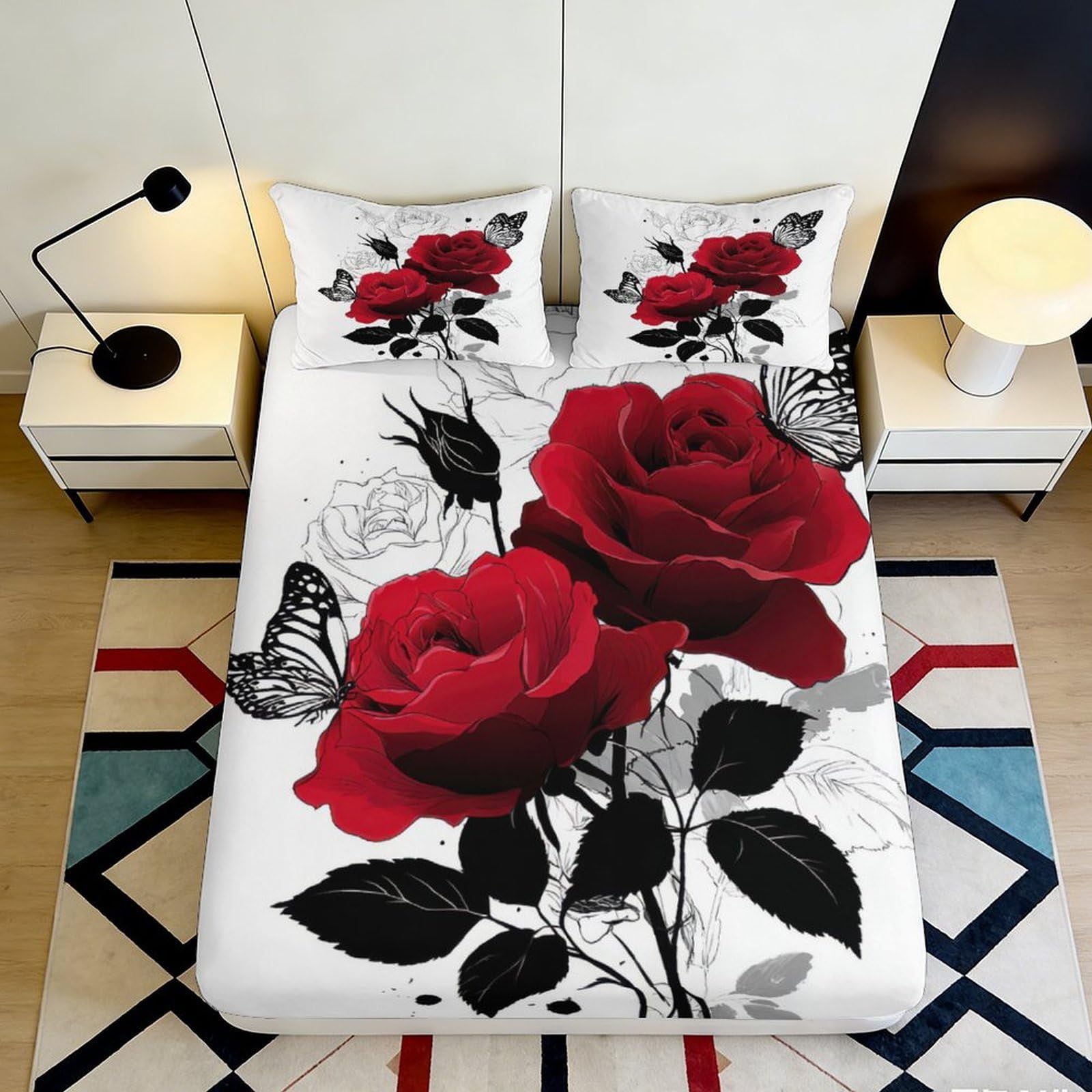 3D Printed rose pattern Fitted Sheet, soft touch Microfiber, butterfly design, non-slip, machine washable, home bedroom, guest room bedding, 90x200x25cm
