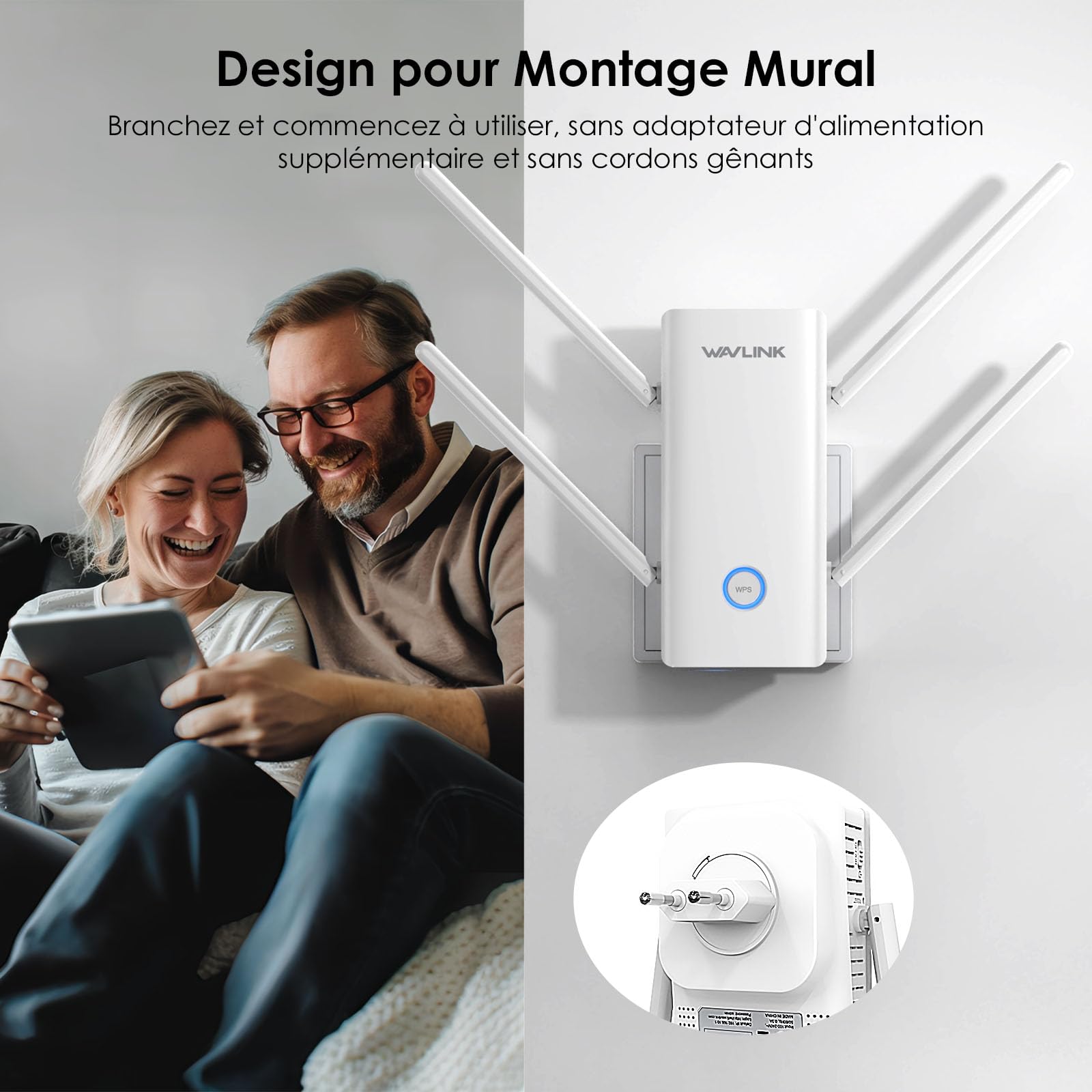 WAVLINK AX3000 Double Bande Wi-FI 6 Range Extender, amplificateur WiFi Extender, répéteur WiFi avec Port Gigabit, 4 antennes 5 dBi, Prend en Charge Le Mode répéteur/AP/routeur/Maille, Installation