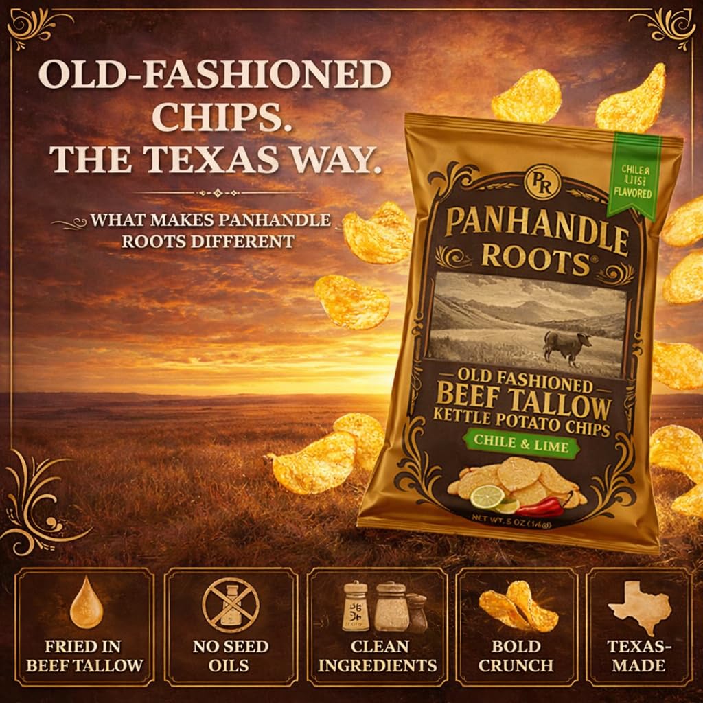 PANHANDLE ROOTS Beef Tallow Chips (3 Pack, 5oz Each) | Chile & Lime | Gluten Free Potato Chips Made with Beef Tallow | Kettle Cooked & Seed Oil Free | Texas Born