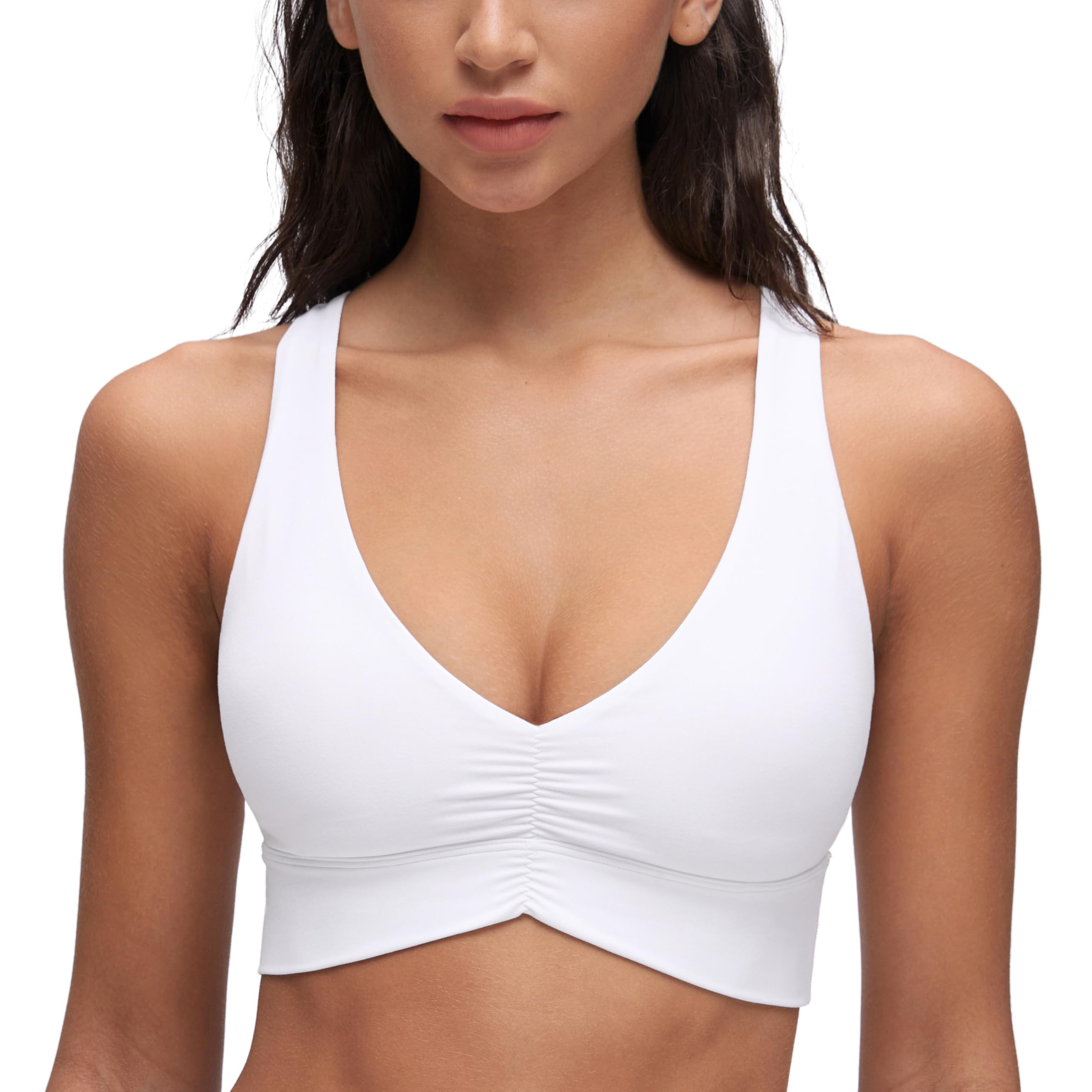 Butterluxe Womens Ruched Longline Sports Bras - V Neck Padded Yoga Tank Wide Straps Cross Back Crop Tops