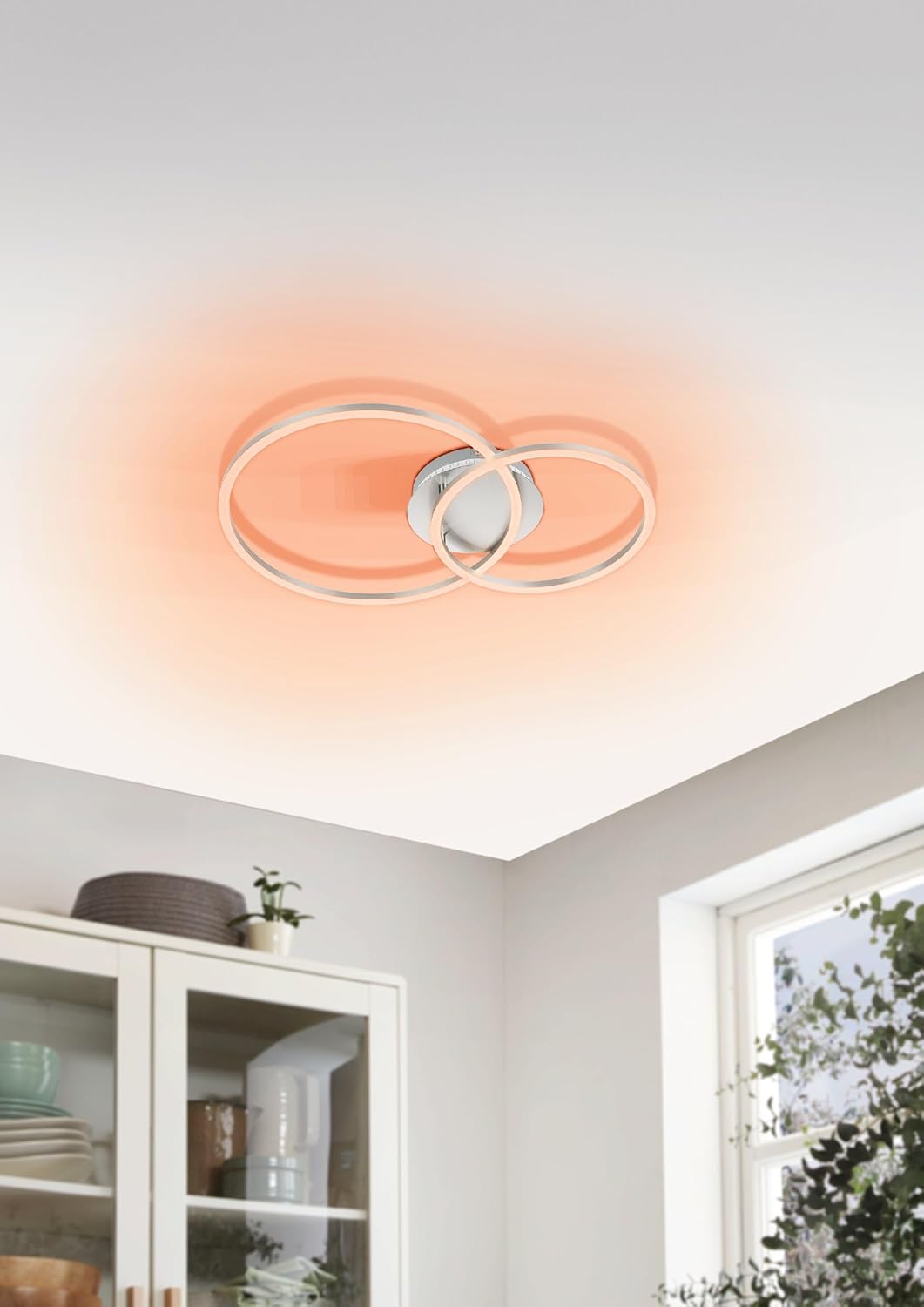 EGLO Palmaves 3 LED Ceiling Light installed in a room, with indirect RGB red lighting activated.