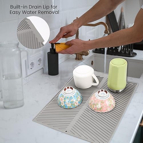 Miniatura 5 de SHARMA - Tapete de silicona para secar platos con borde de drenaje, almohadilla para secar platos, tapete escurridor de platos antideslizante y