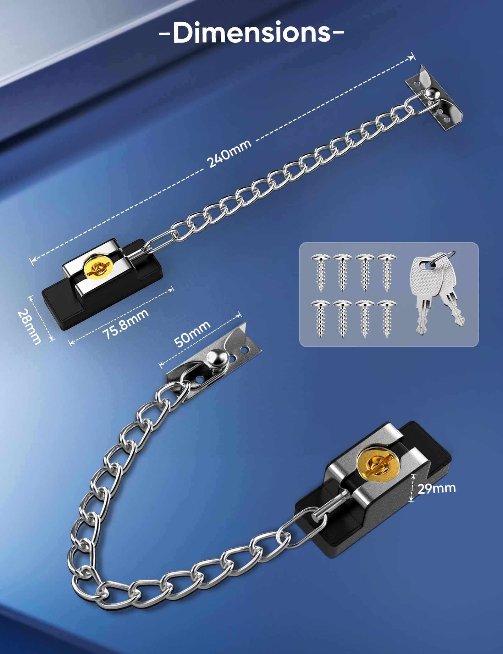 Chaîne de porte robuste pour porte d'entrée, porte intérieure avec clé, serrure de porte pour enfant, puertas, hôtel, chambre, fenêtre (chaîne argentée, 1 pièce)