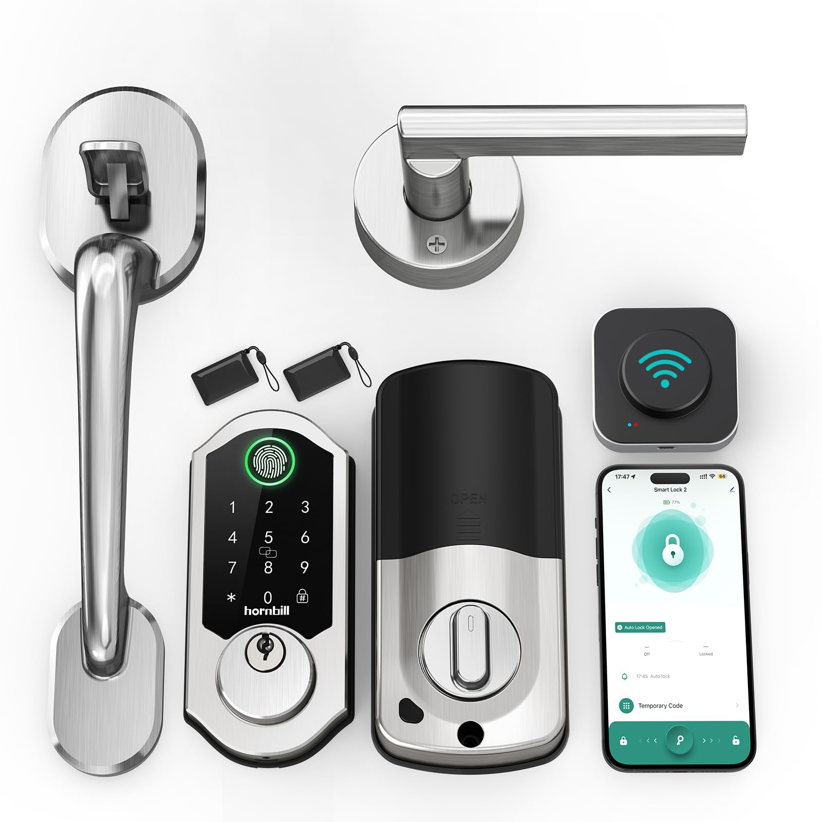 Hornbill Smart Door Lock Set: WiFi Deadbolt with Handles, Keypad, Fingerprint, Alexa, Heavy Duty Satin Nickel