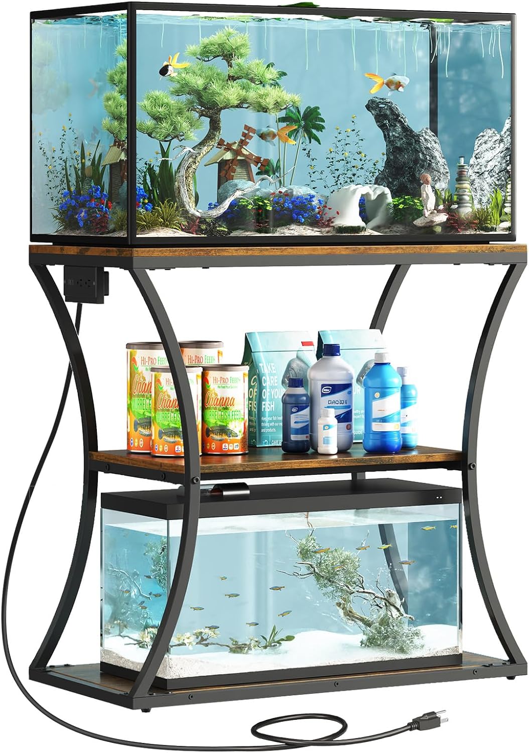 HavenlyYouth 20-29 Gallon Fish Tank Stand with Power Outlet, 3-Tier Aquarium Stand with Storage, Heavy Duty Metal Frame Tank Rack for Home Office, 31.5" L x 15.7" W x 30.4" H, Rustic Brown