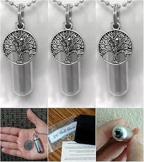 THREE (3) Brushed Silver TREE-OF-LIFE CREMATION URN Keepsakes with Laser Engraved Hearts - Includes Velvet Pouches, Ball-Chains, Fill Kit - MADE IN THE USA